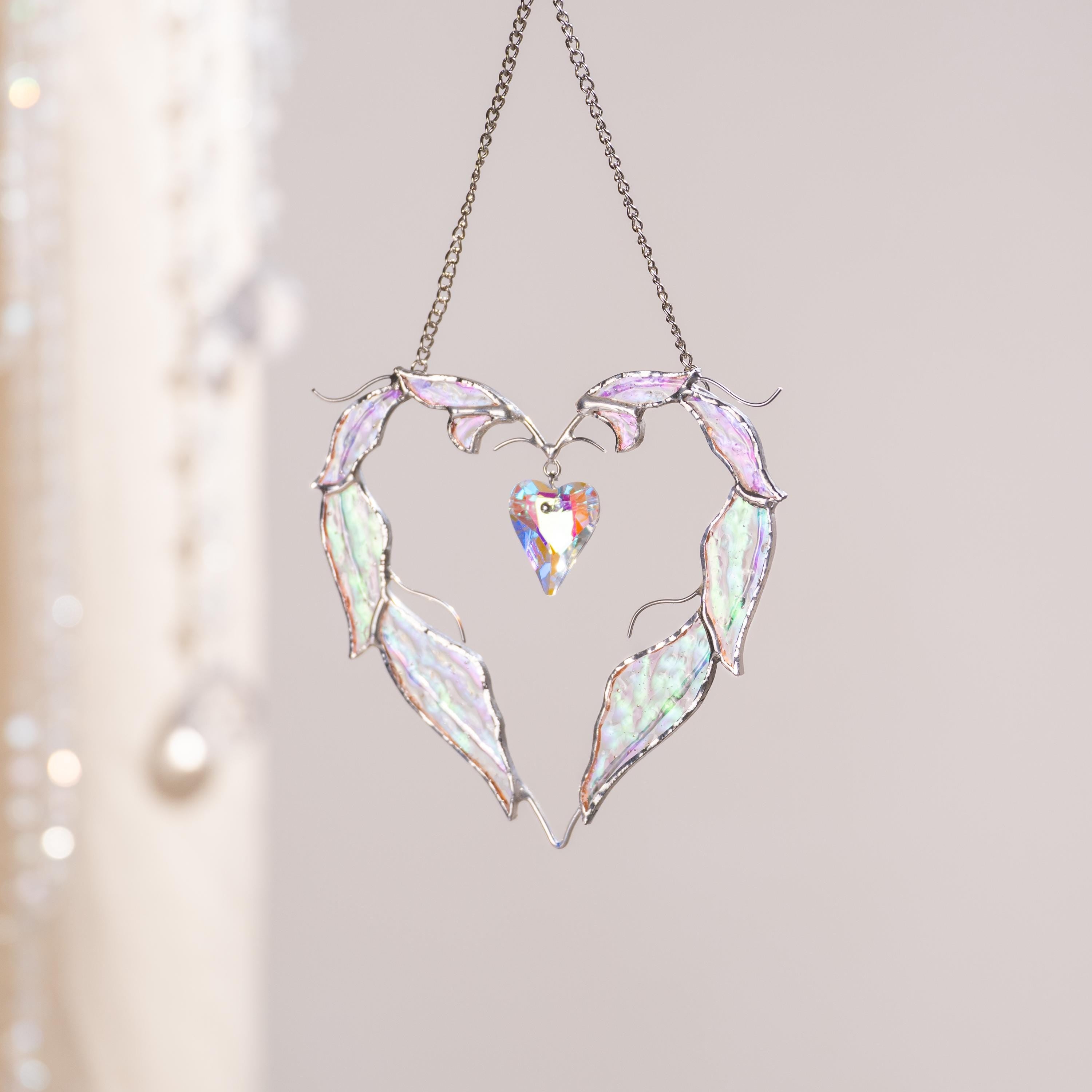 Stained glass suncatcher crystal Mother in law wedding gift Angel wings stained glass window hangings Bridal shower gift Heart ornament