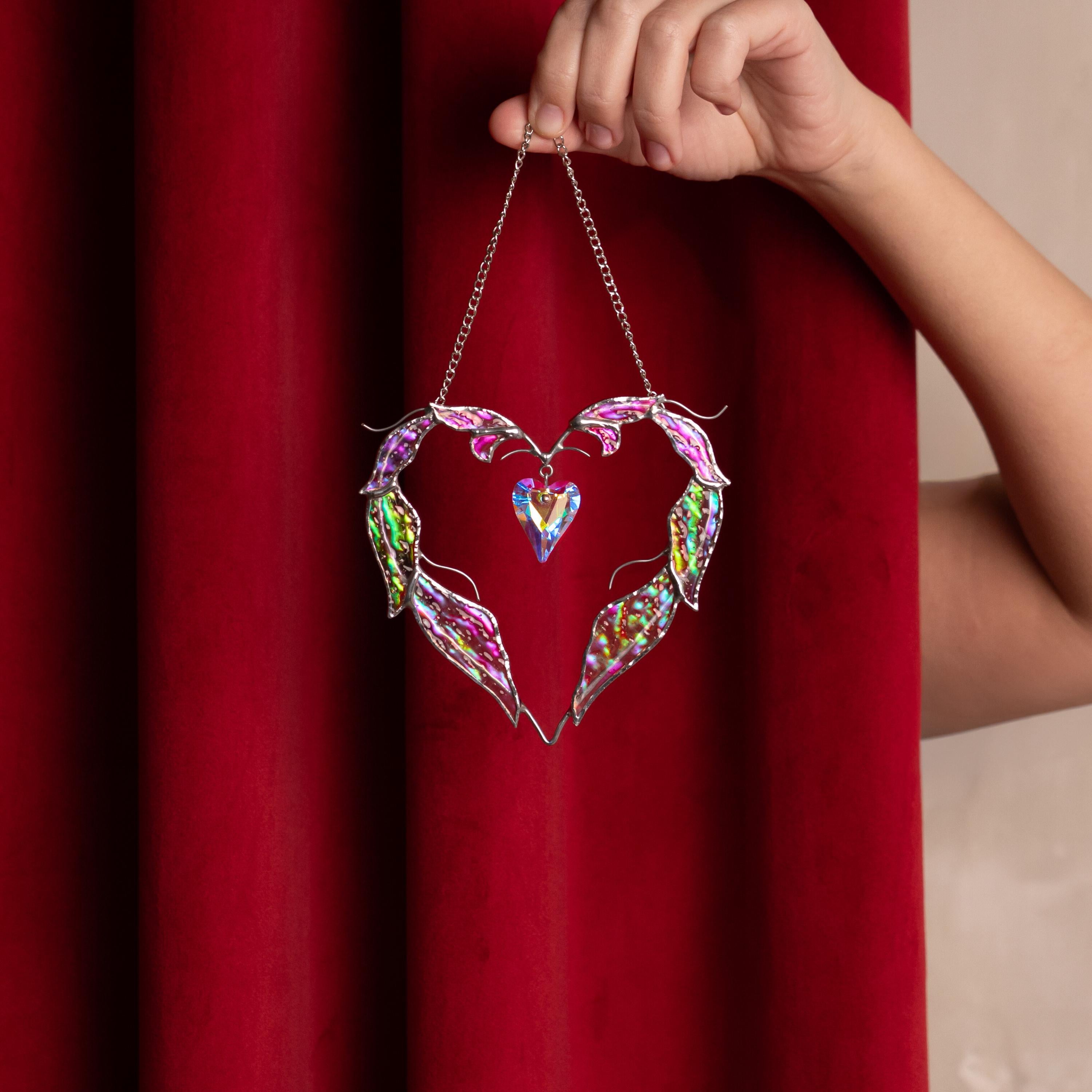 Stained glass suncatcher crystal Mother in law wedding gift Angel wings stained glass window hangings Bridal shower gift Heart ornament