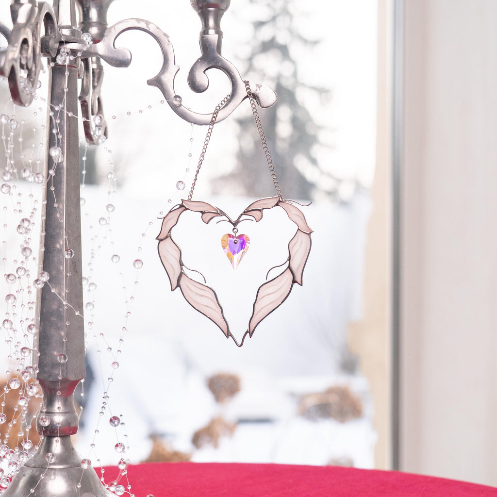 Stained glass crystal suncatcher Valentine couple gift Heart stained glass window hangings 1st anniversary gift for wife Engagement present