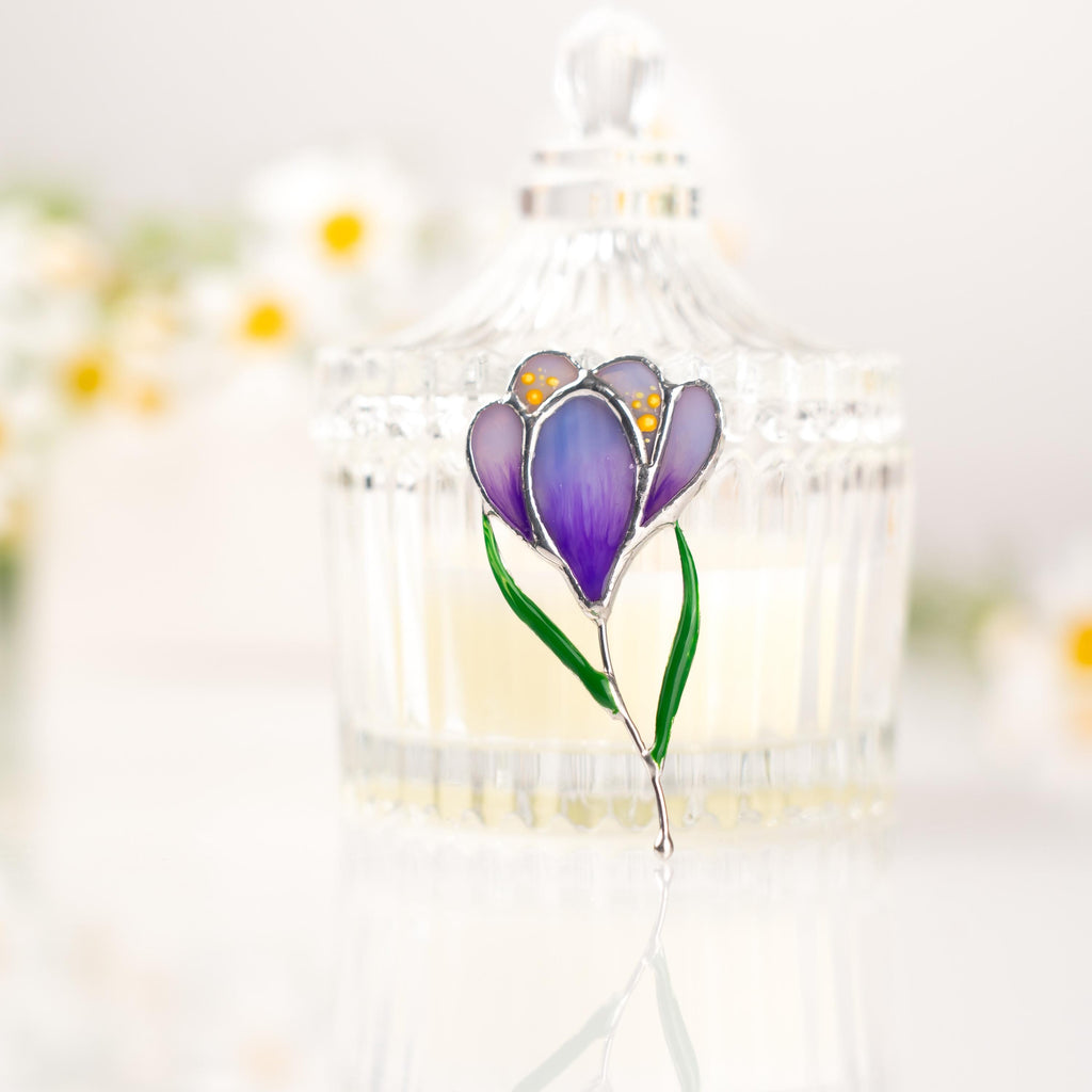 Saffron stained glass jewelry Mother in law gift Crocus stained glass flower brooch
