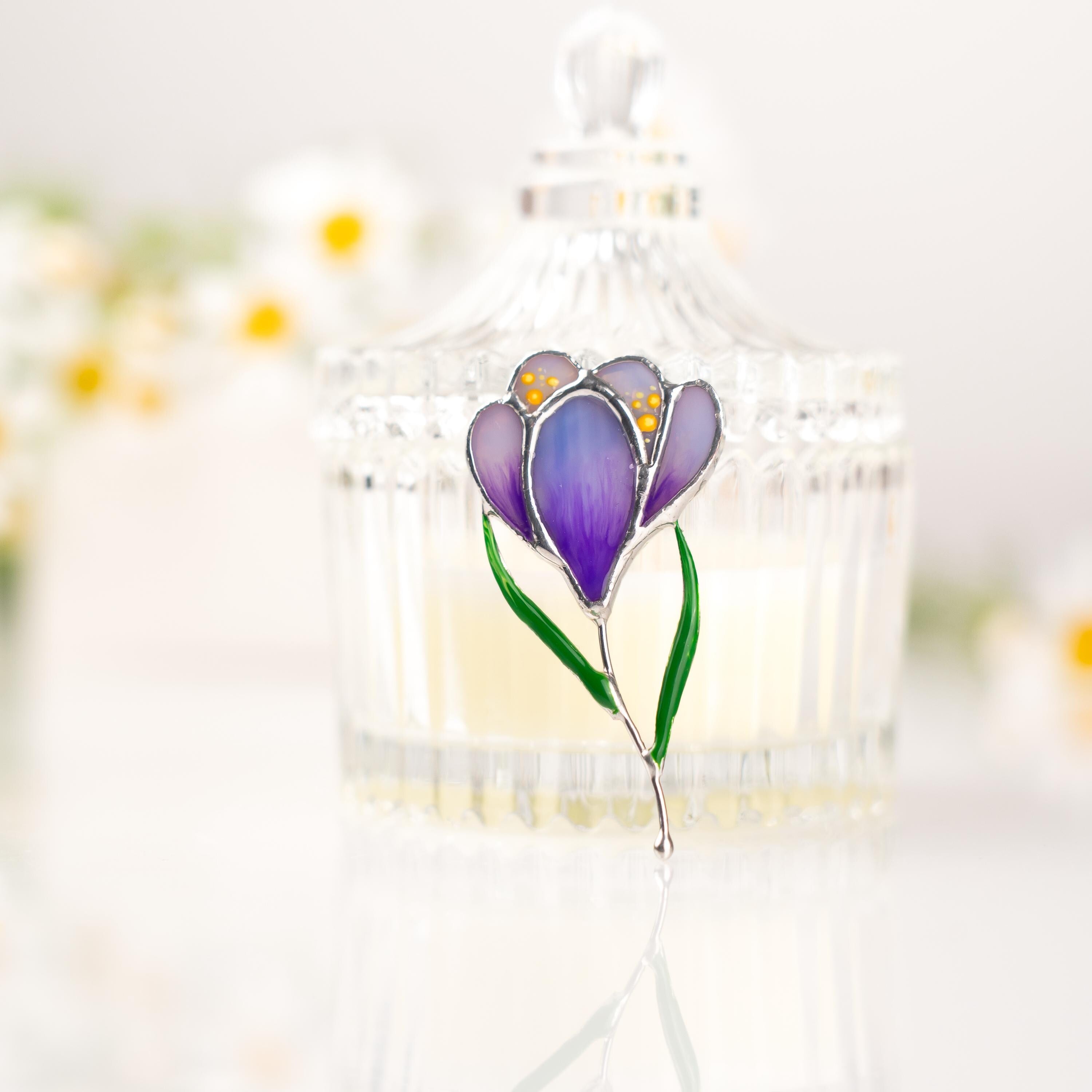 Saffron stained glass jewelry Mother in law gift Crocus stained glass flower brooch
