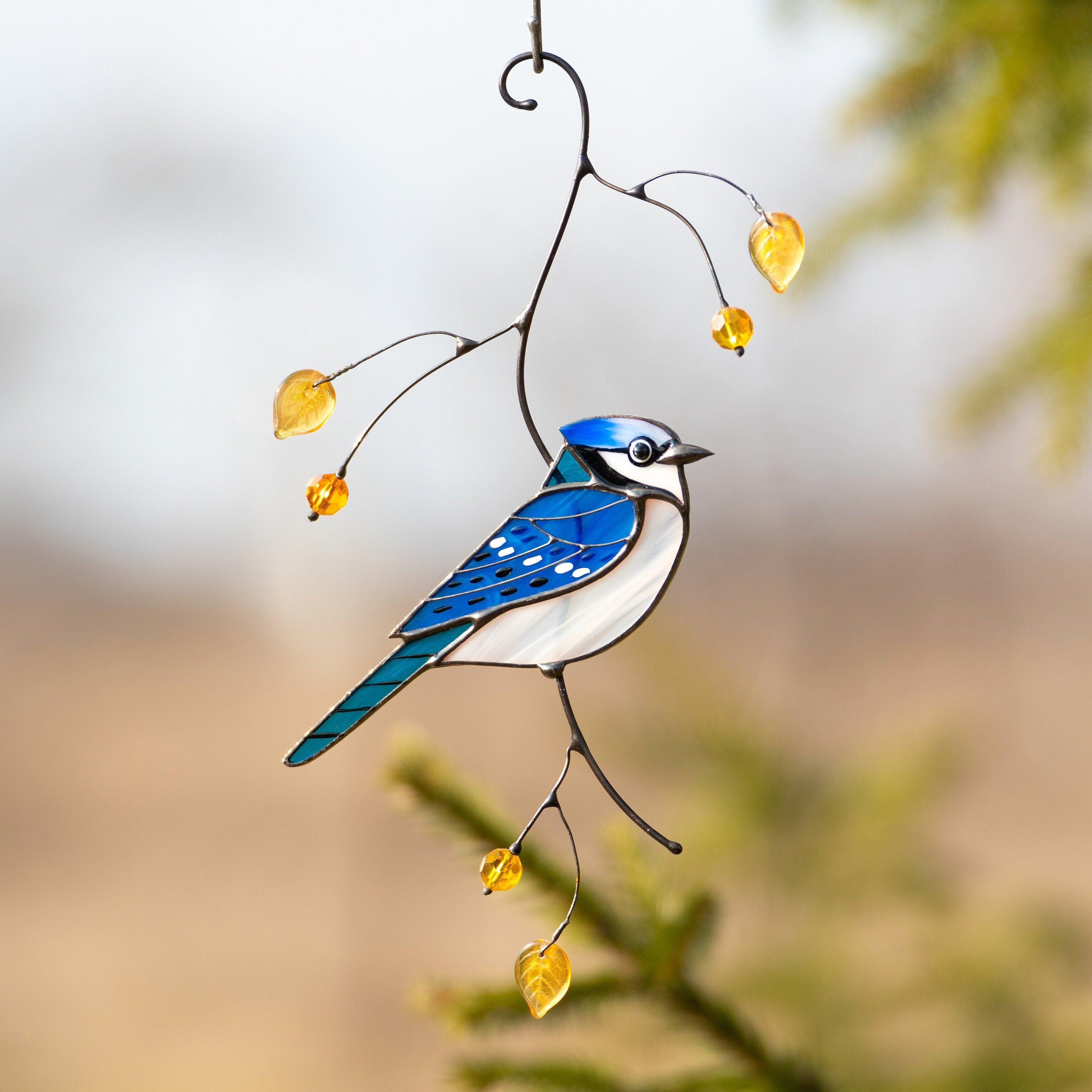 Blue jay stained glass suncatcher Grandparent gifts Bird art stained glass window hangings Unusual gifts New home ornament