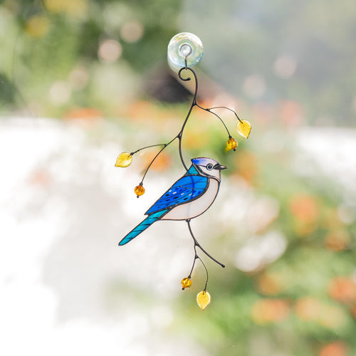 Blue jay stained glass bird suncatcher Godfather gift Bird decor stained glass window hangings Room decor aesthetic Blue jay glass ornament