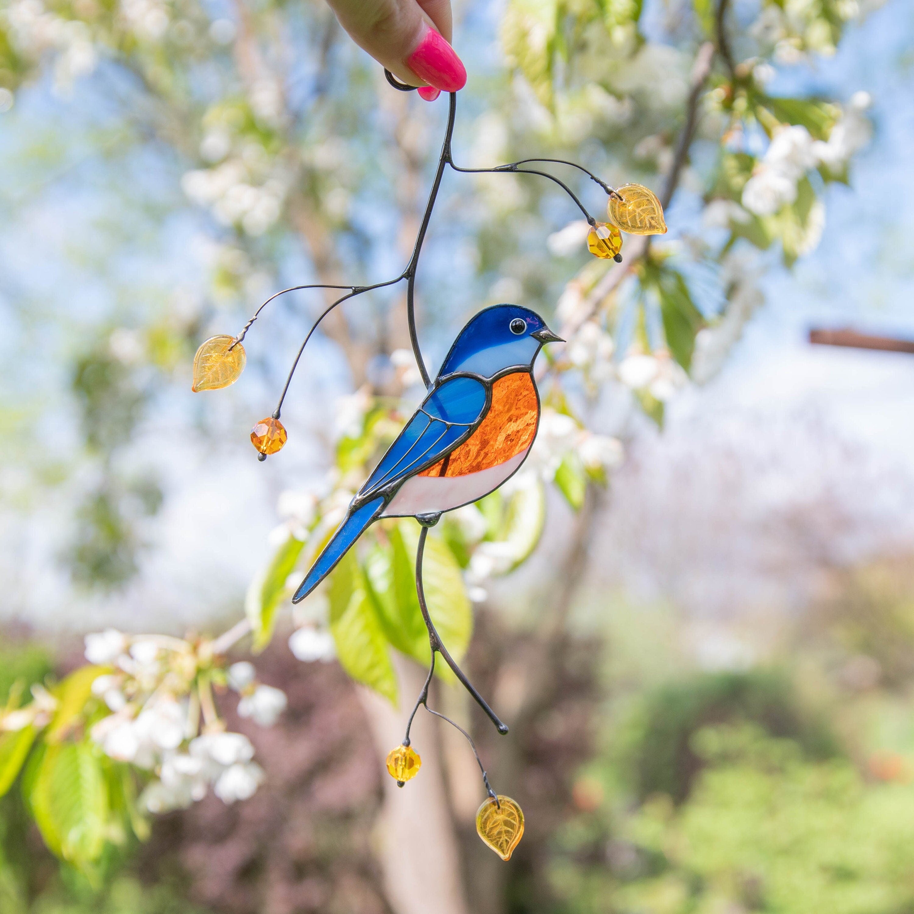 Bluebird stained glass window hangings Gift for dad Stained glass bird ornament Unusual gifts Bird wall art