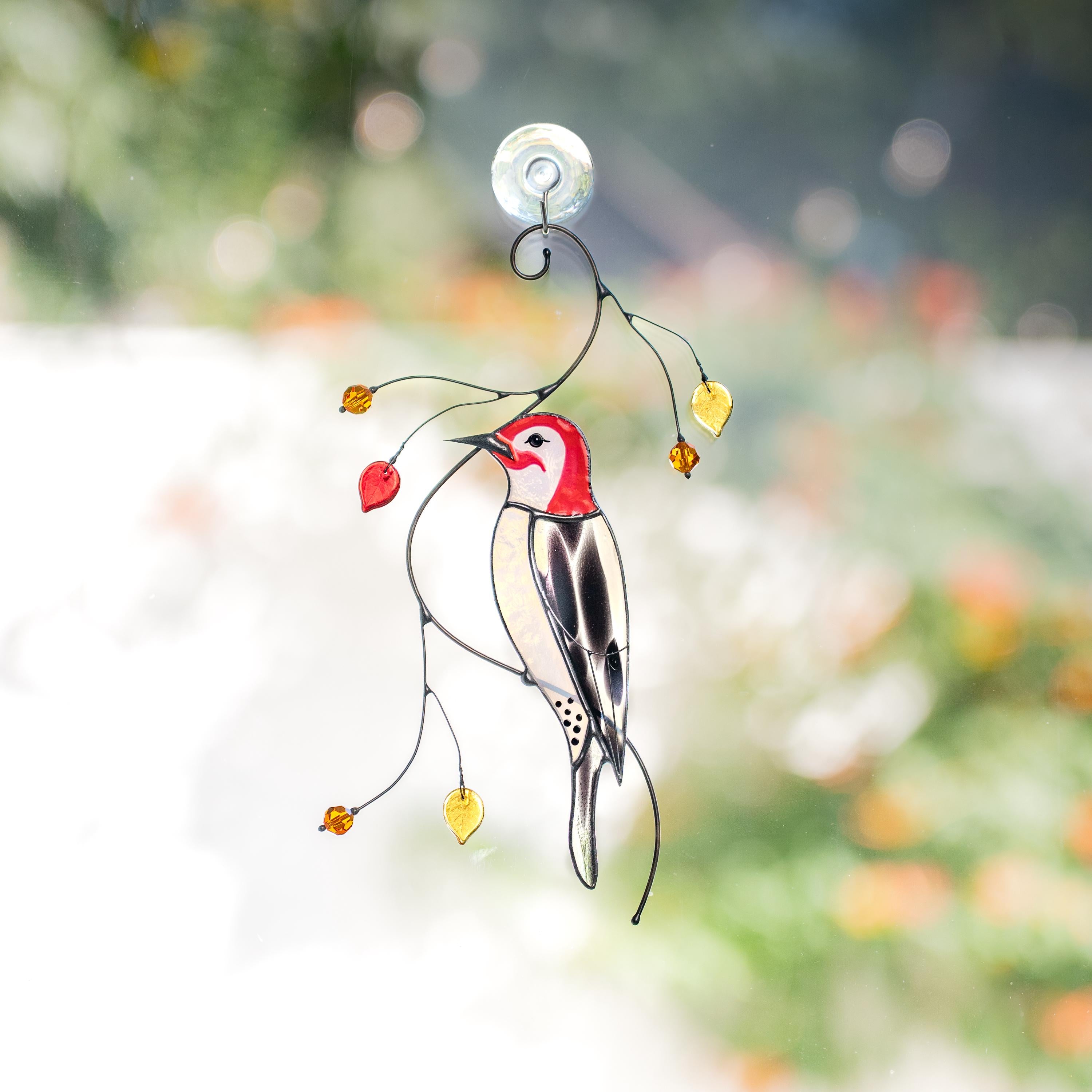Woodpecker stained glass window hangings Godfather gift Stained glass fairy garden decoration Gift for grandma Bird lover gifts