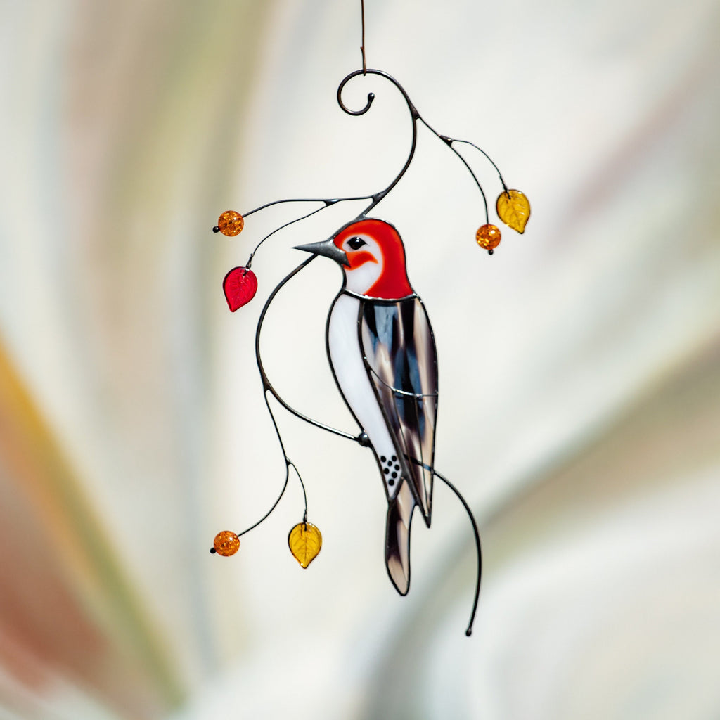 Woodpecker stained glass window hangings Godfather gift Stained glass fairy garden decoration Gift for grandma Bird lover gifts