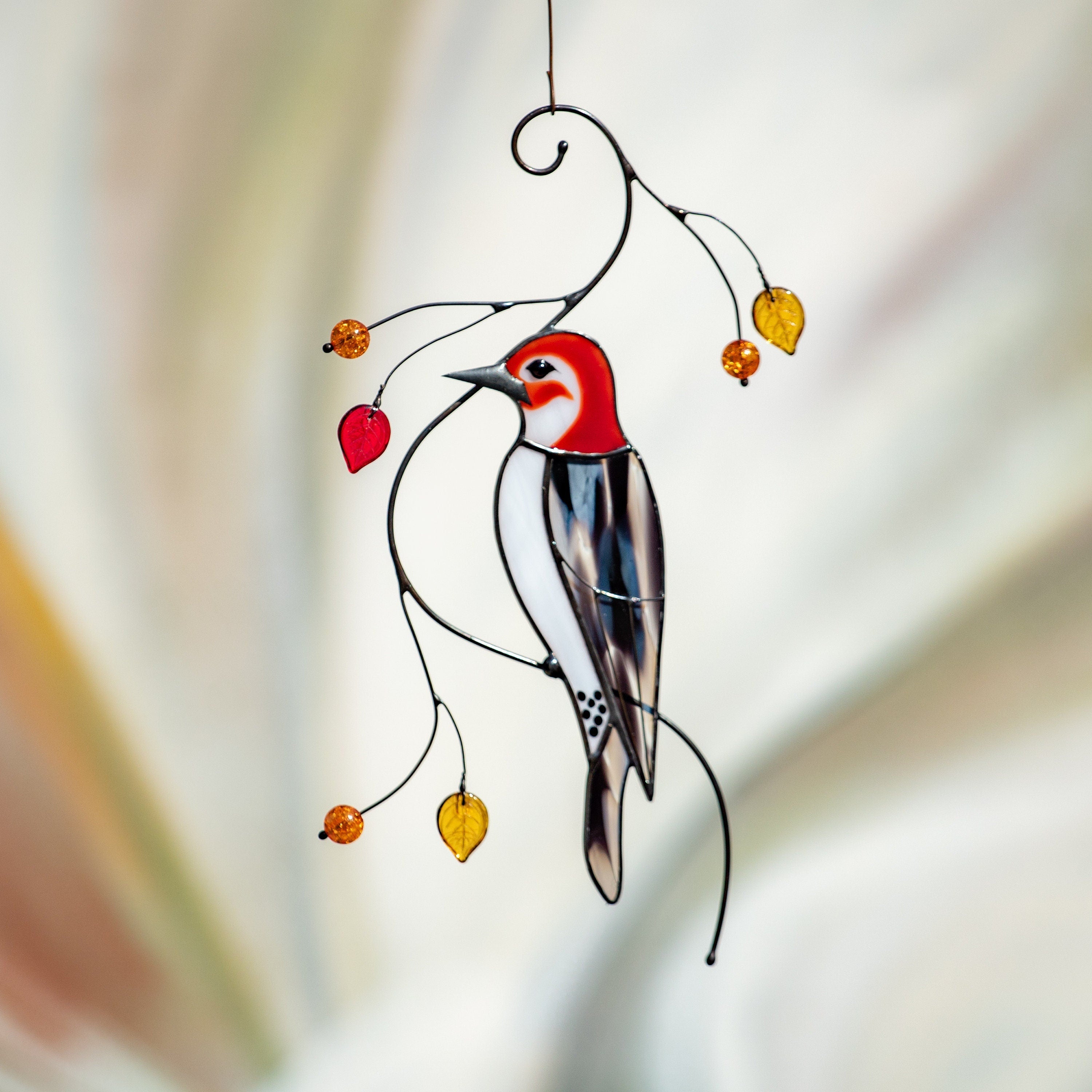 Woodpecker stained glass window hangings Godfather gift Stained glass fairy garden decoration Gift for grandma Bird lover gifts