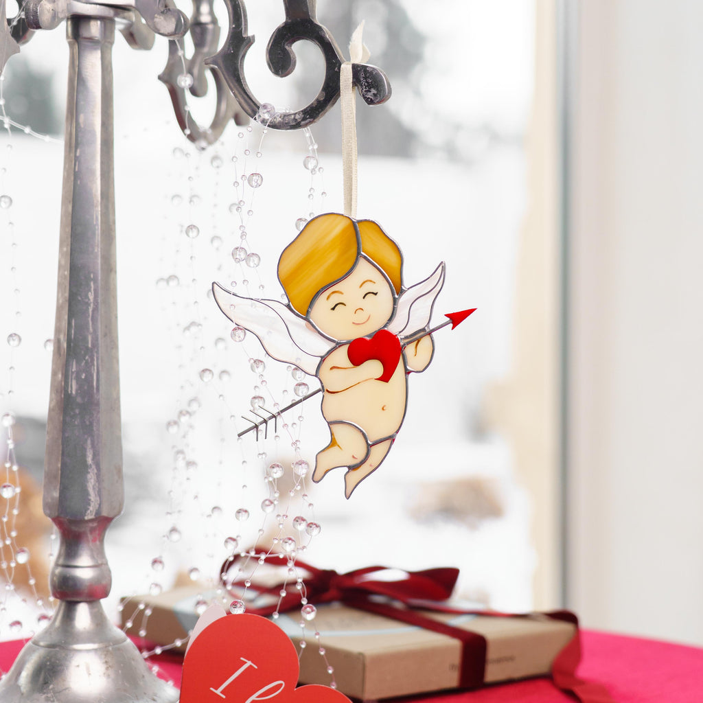 Cupid stained glass window hangings Valentines gift for girlfriend Stained glass angel ornament Valentine decor Romantic gifts