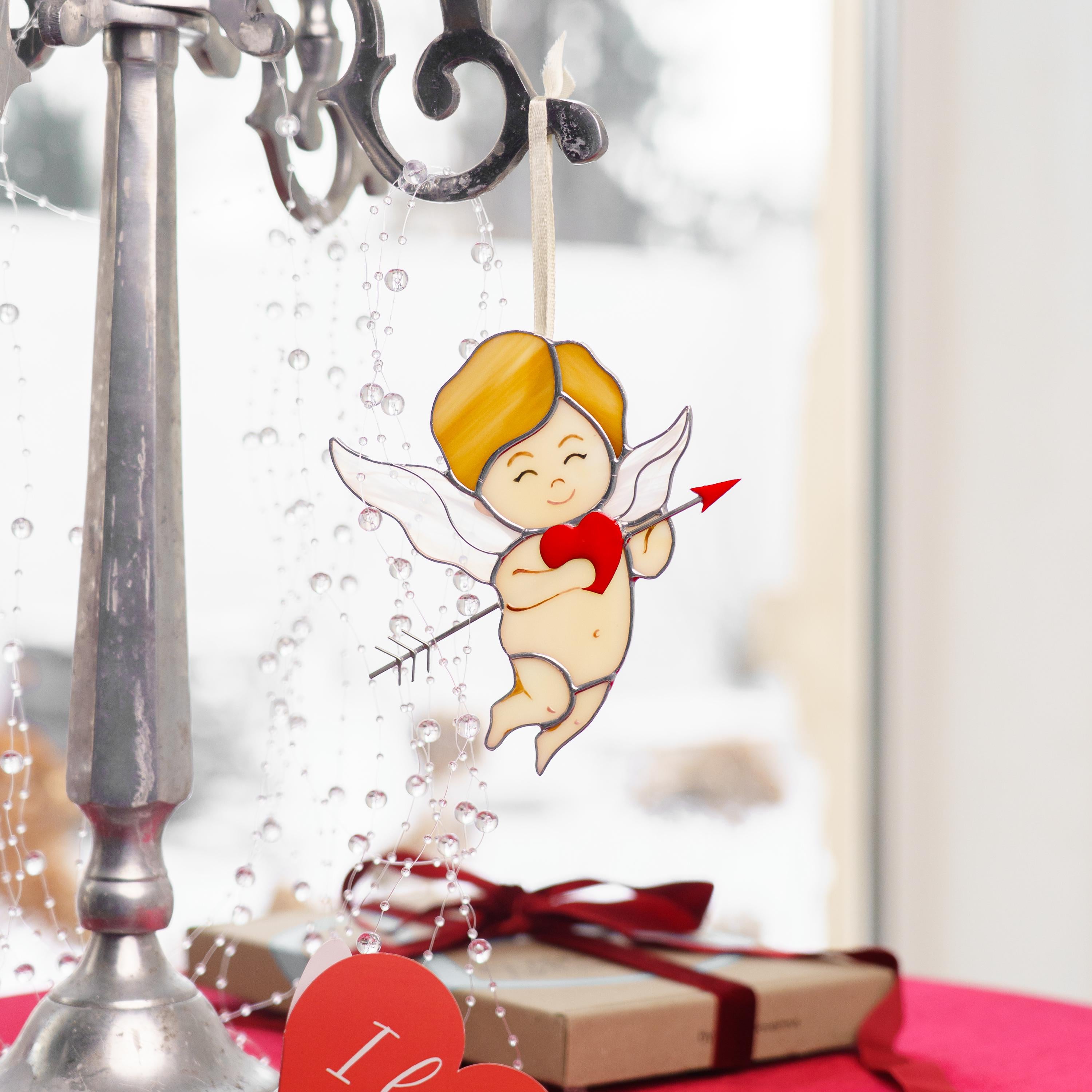 Cupid stained glass window hangings Valentines gift for girlfriend Stained glass angel ornament Valentine decor Romantic gifts