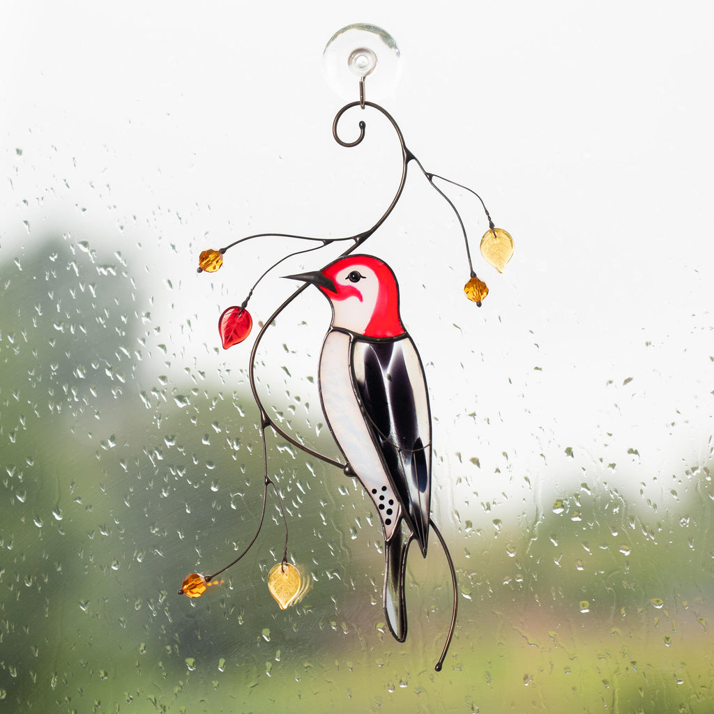 Woodpecker stained glass window hangings Godfather gift Stained glass fairy garden decoration Gift for grandma Bird lover gifts