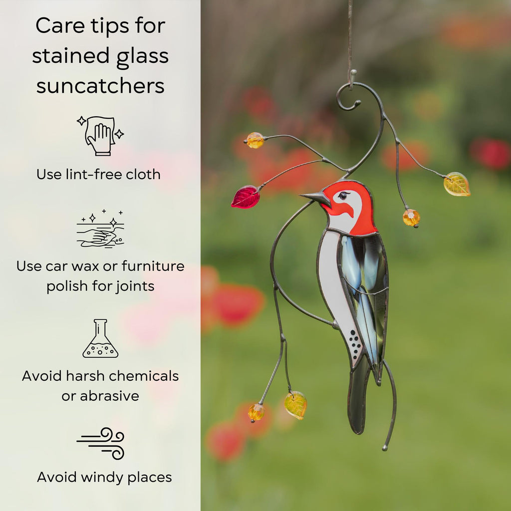 Woodpecker stained glass suncatcher Best dad gift Stained glass grandma ornament window hangings Front porch decor Garden ornaments
