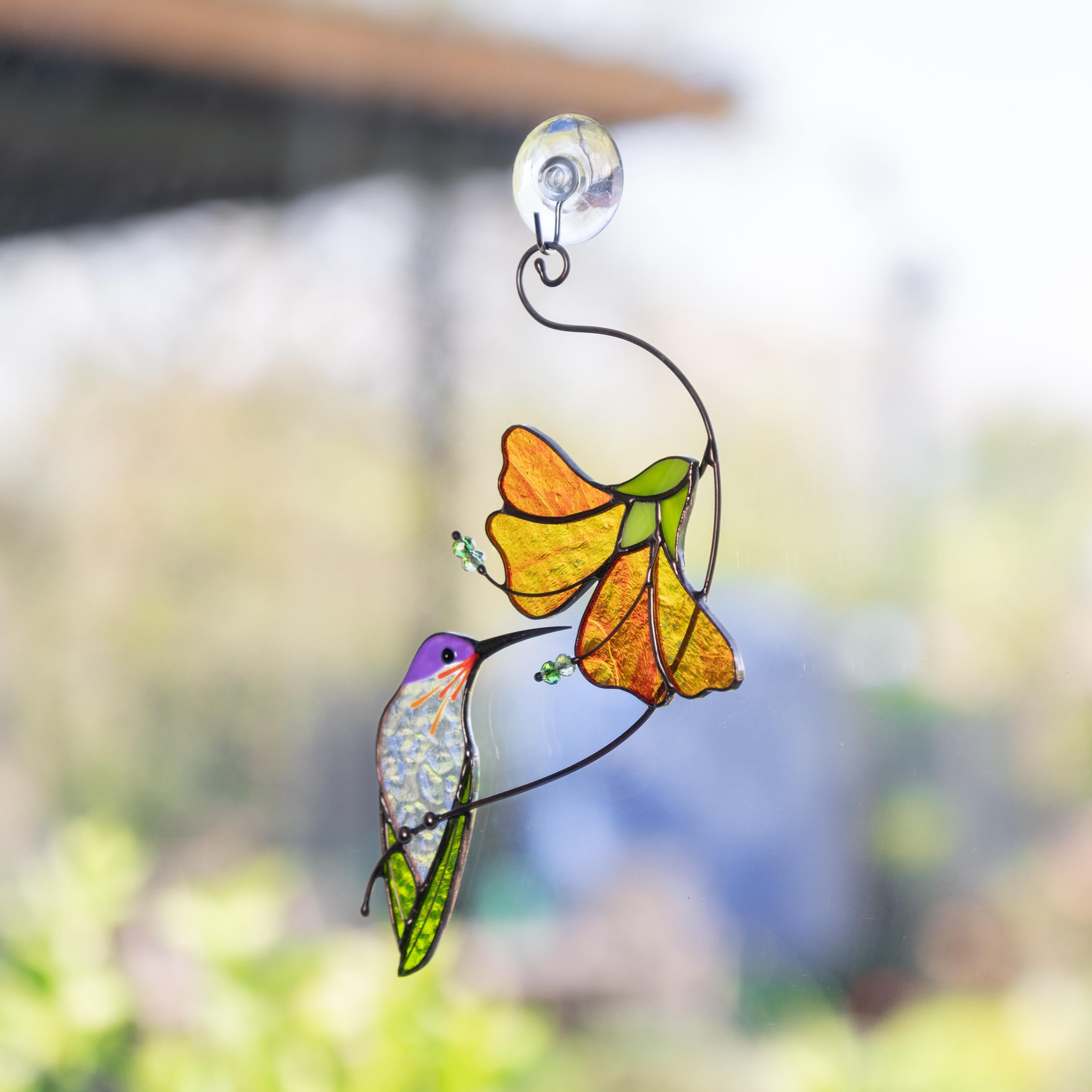 Hummingbird stained glass sun catcher Grandma gifts Flower stained glass window hangings Gift for dad
