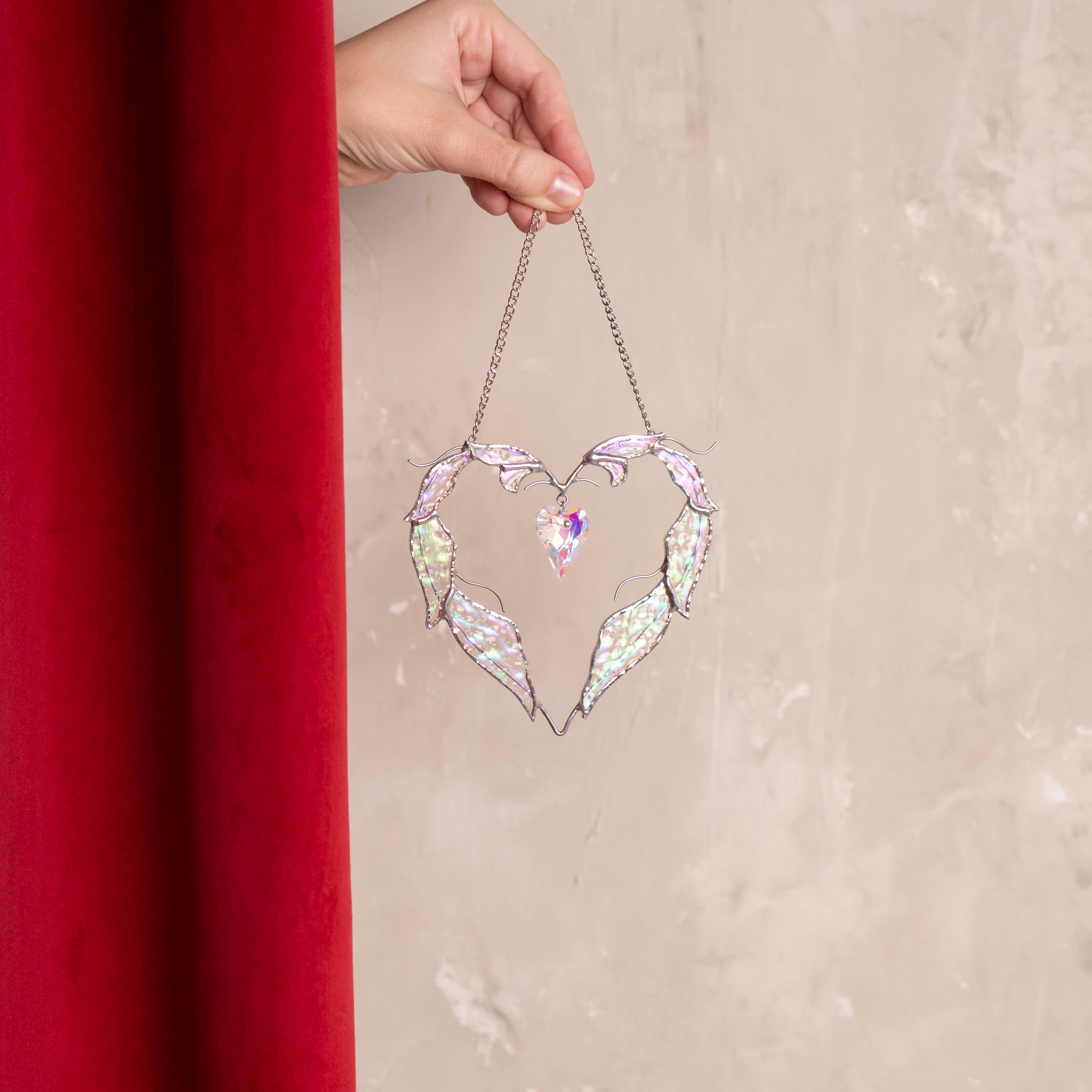 Stained glass suncatcher crystal Mother in law wedding gift Angel wings stained glass window hangings Bridal shower gift Heart ornament