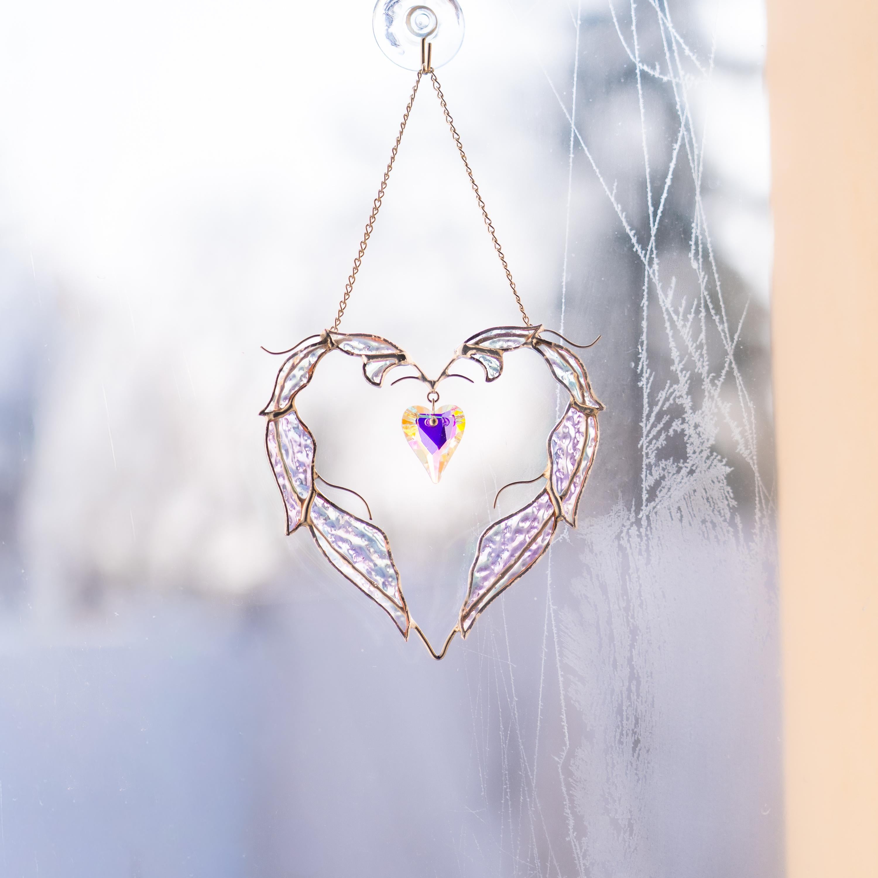 Stained glass suncatcher crystal Mother in law wedding gift Angel wings stained glass window hangings Bridal shower gift Heart ornament