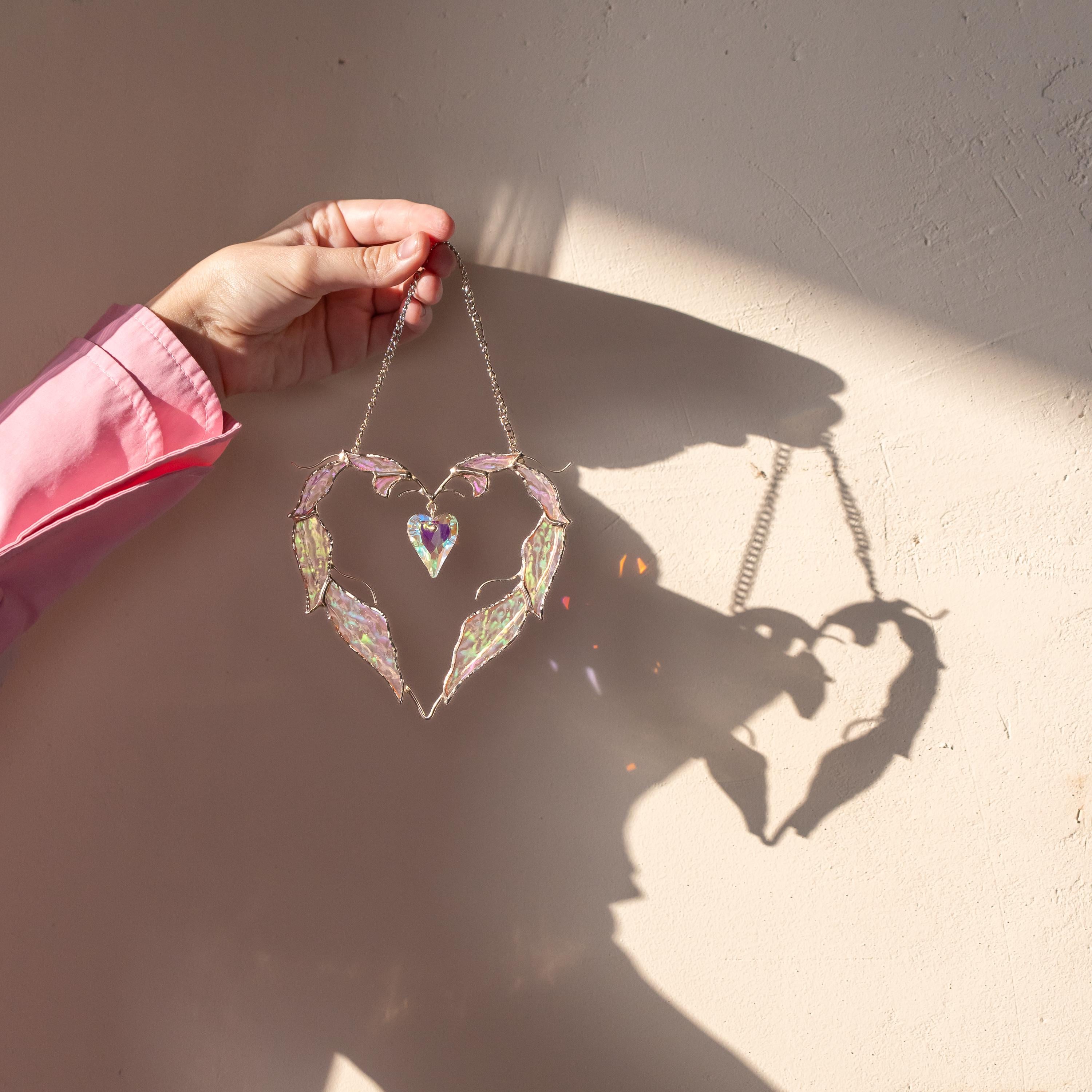 Stained glass suncatcher crystal Mother in law wedding gift Angel wings stained glass window hangings Bridal shower gift Heart ornament