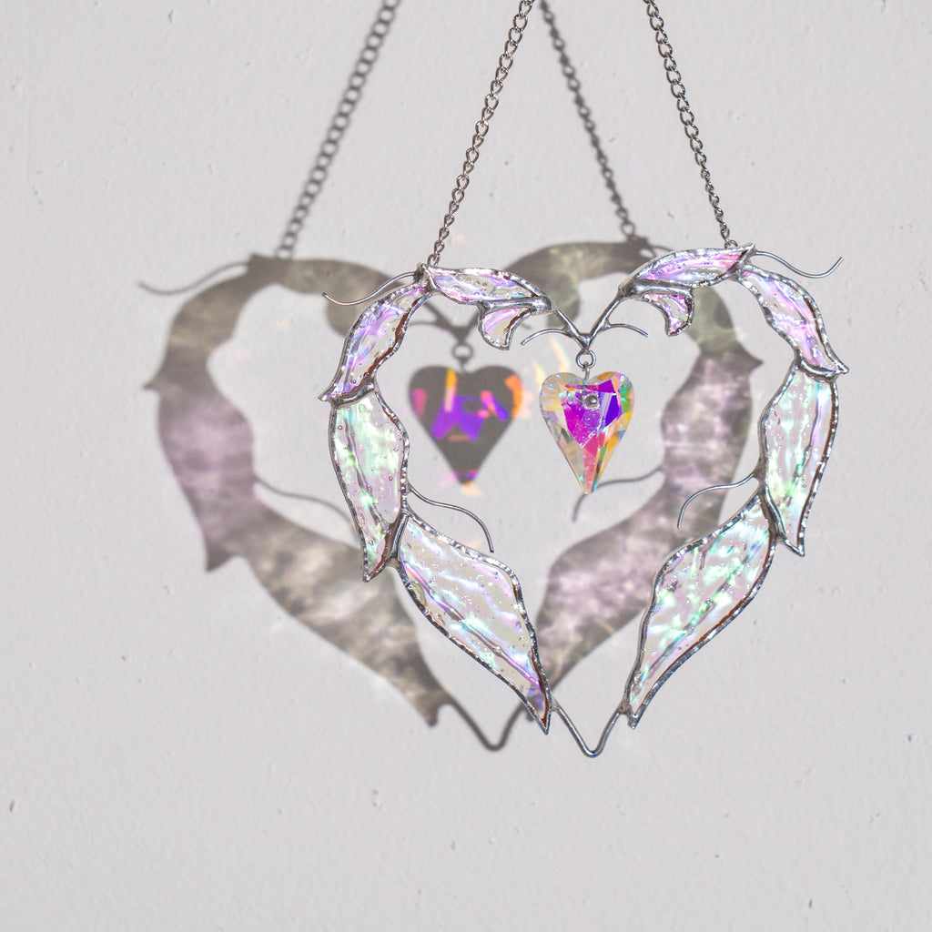 Stained glass suncatcher crystal Mother in law wedding gift Angel wings stained glass window hangings Bridal shower gift Heart ornament
