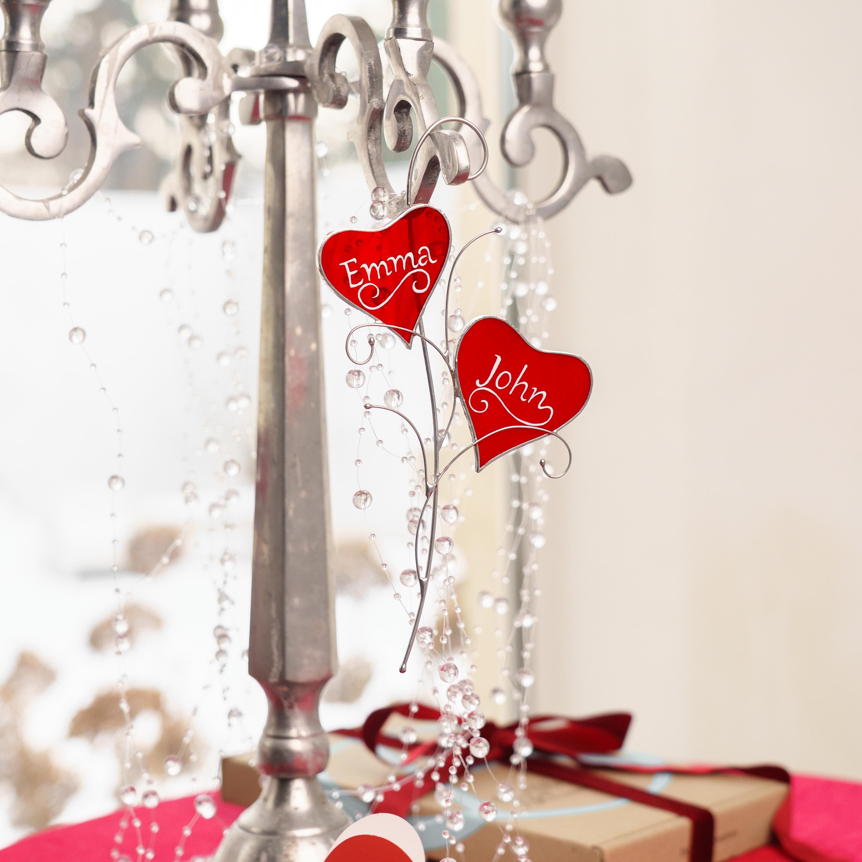 Heart ornament stained glass window hangings Personalized gift for him Stained glass couple ornament Valentines gift for girlfriend