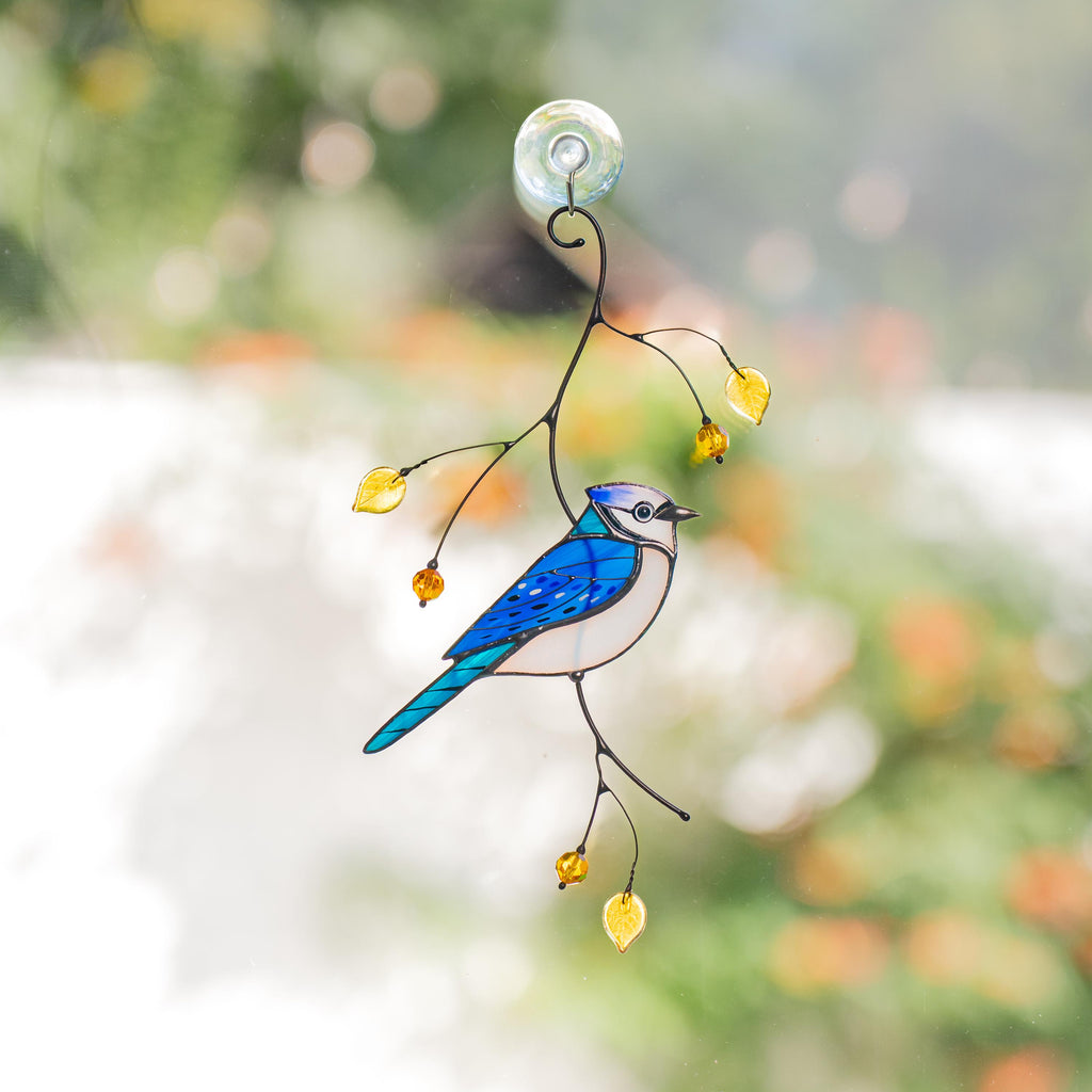 Blue jay stained glass suncatcher Grandparent gifts Bird art stained glass window hangings Unusual gifts New home ornament
