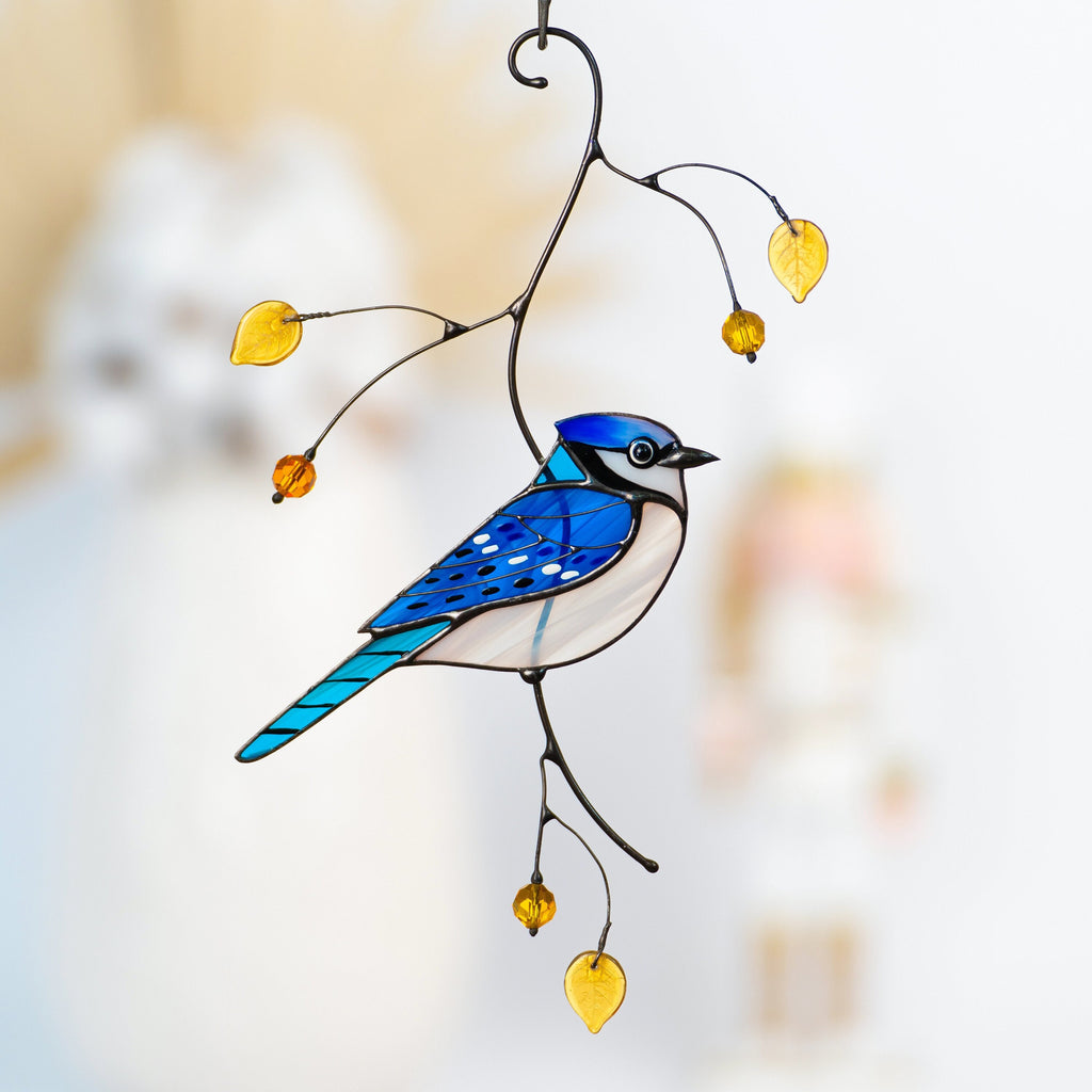 Blue jay stained glass bird suncatcher Godfather gift Bird decor stained glass window hangings Room decor aesthetic Blue jay glass ornament