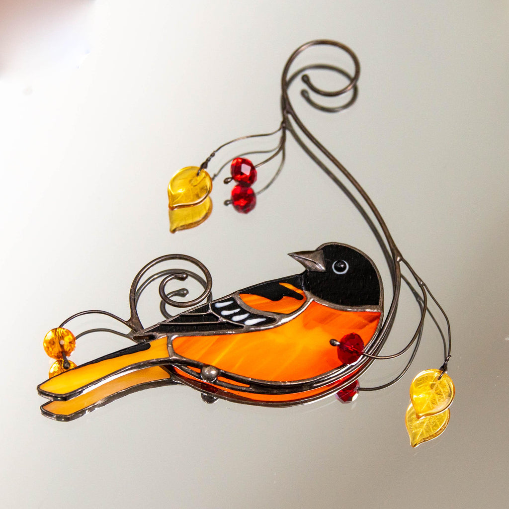Baltimore oriole stained glass window hangings Godfather gift Bird suncatcher Garden art