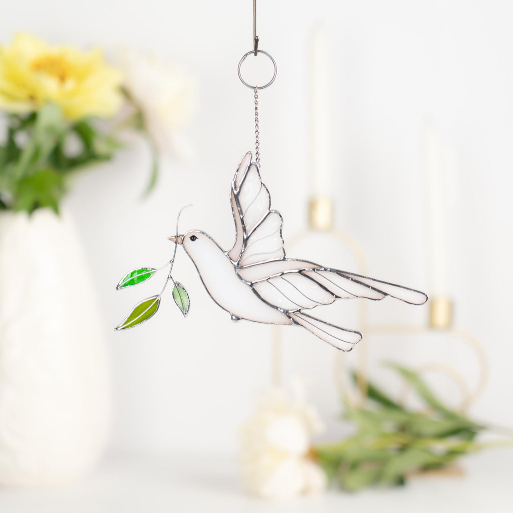 Dove stained glass window hangings Mother in law wedding gift White dove fairy garden accessories Stained glass bird suncatcher