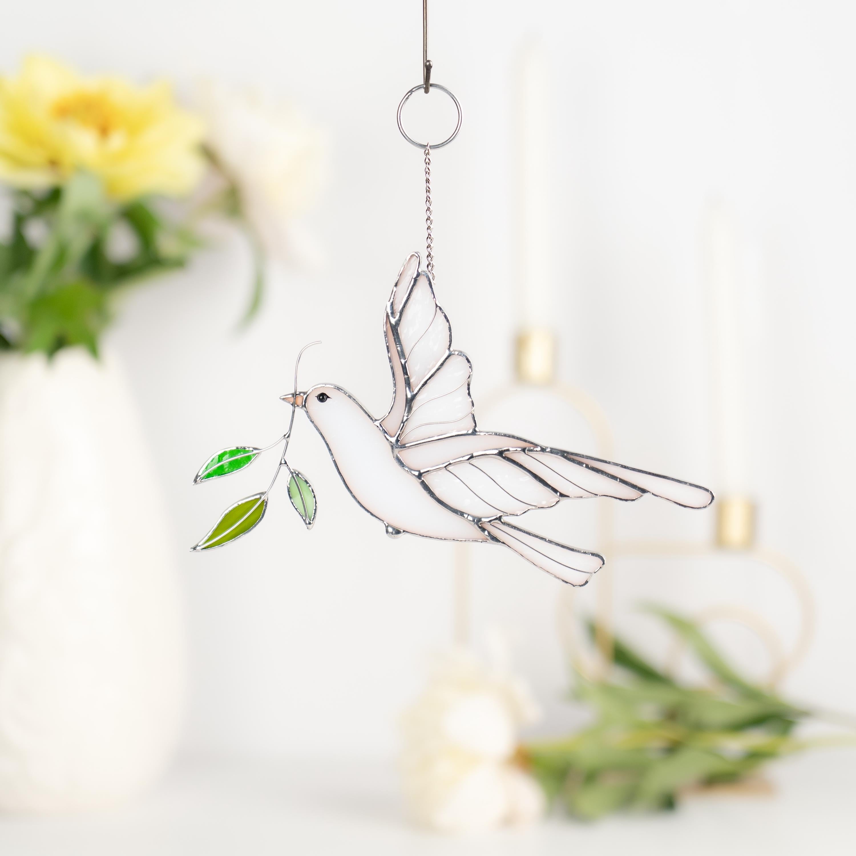 Dove stained glass window hangings Mother in law wedding gift White dove fairy garden accessories Stained glass bird suncatcher