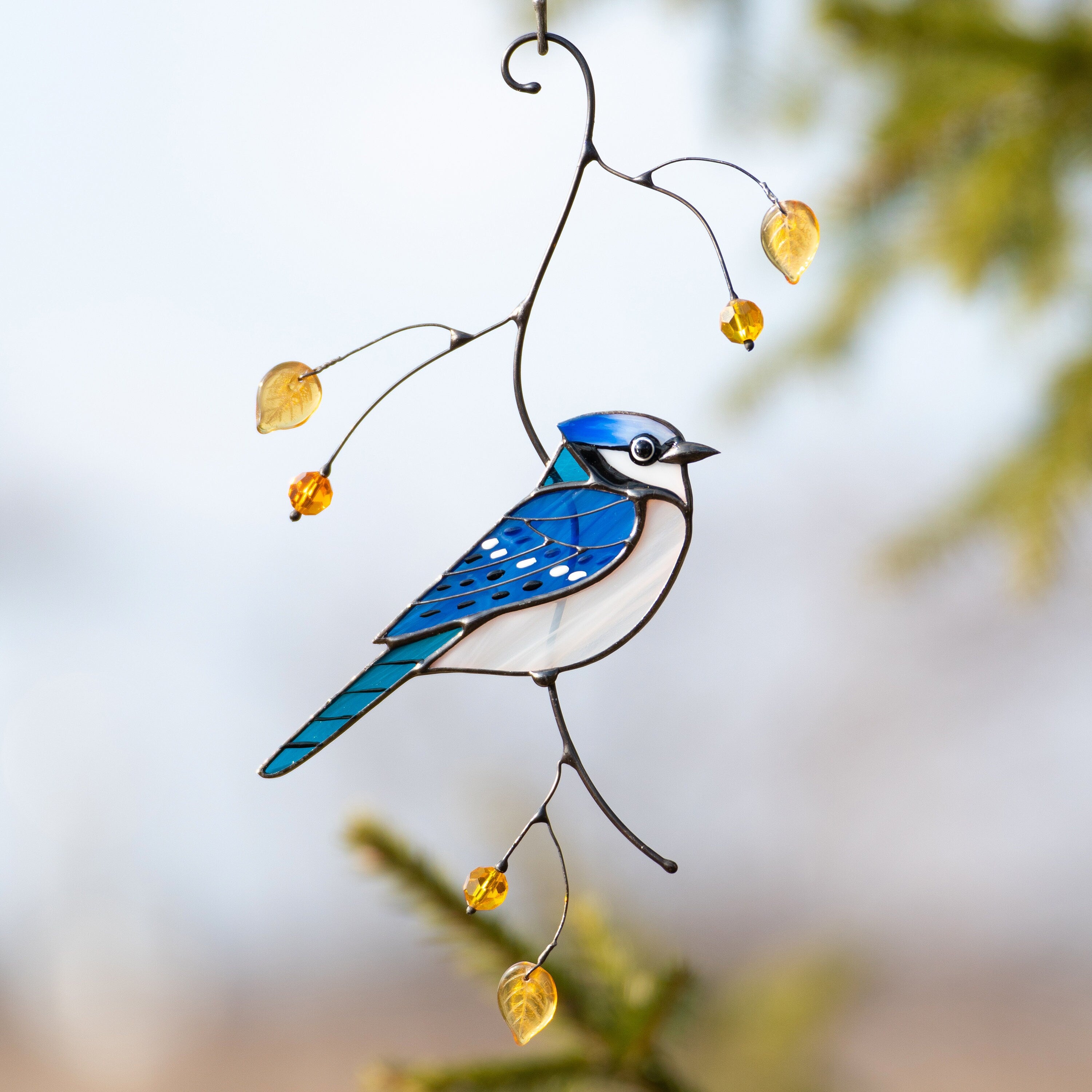 Blue jay stained glass suncatcher Grandparent gifts Bird art stained glass window hangings Unusual gifts New home ornament
