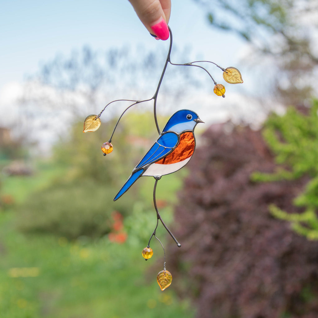 Bluebird stained glass bird suncatcher Daughter in law gift Bird love gifts stained glass window hangings Patio decor Grandparent gifts