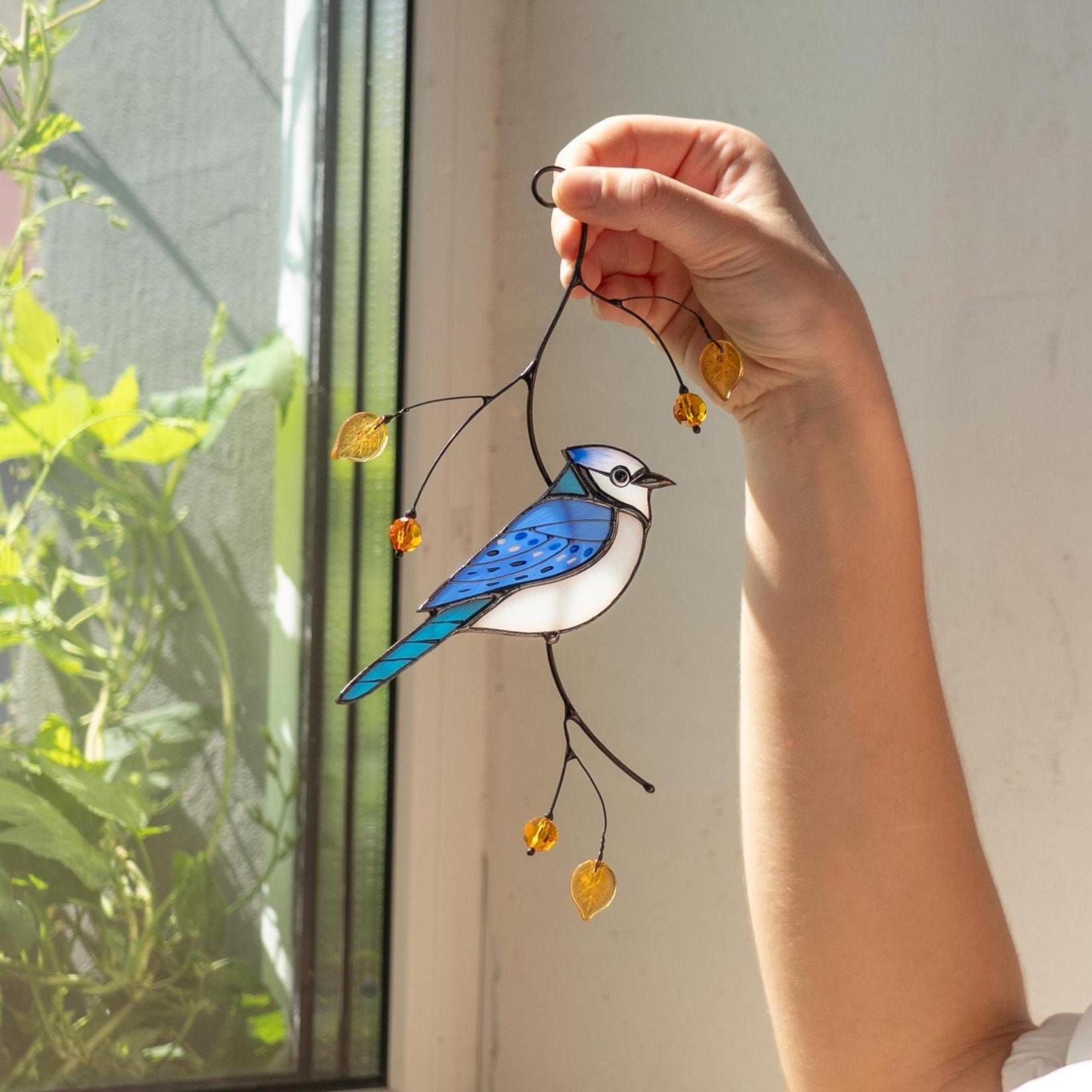 Blue jay stained glass suncatcher Grandparent gifts Bird art stained glass window hangings Unusual gifts New home ornament