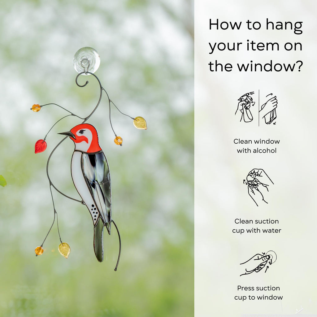 Woodpecker stained glass suncatcher Best dad gift Stained glass grandma ornament window hangings Front porch decor Garden ornaments