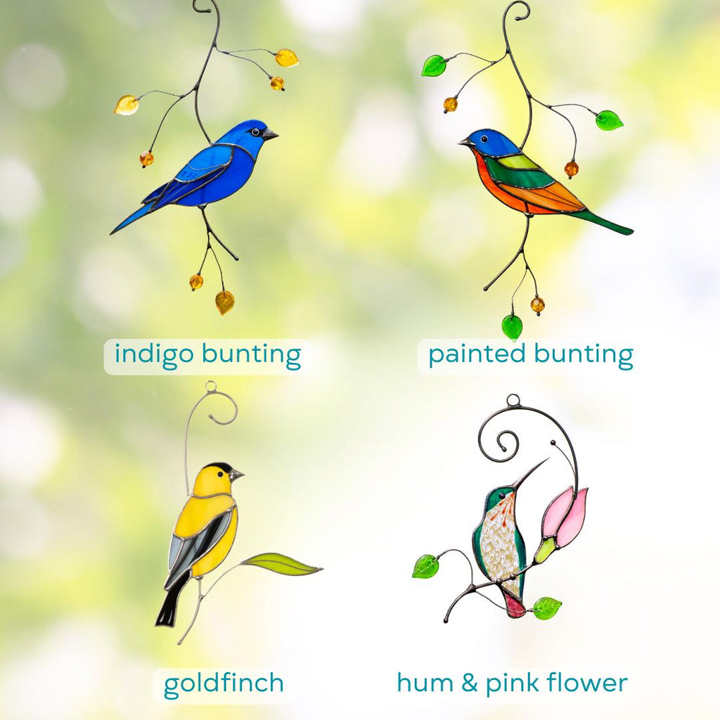 Indigo bunting stained glass window hangings Mother in law gift Custom stained glass bird suncatcher Fairy garden accessories Godfather gift