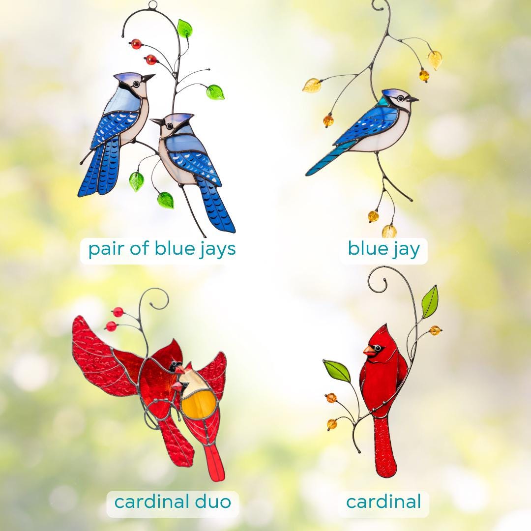 Stained glass bird suncatcher Grandparent gifts Blue jay stained glass window hangings Custom stained glass bird artwork