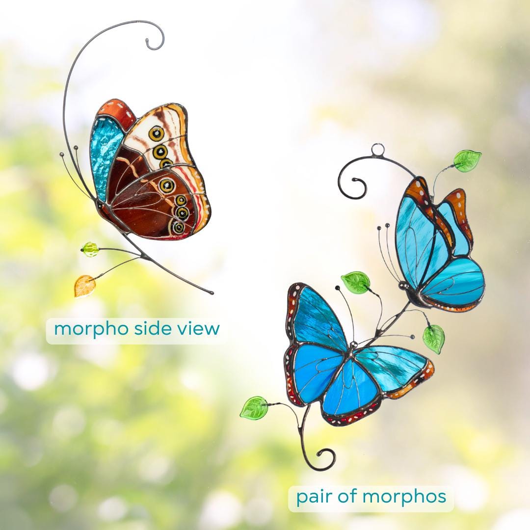 Stained glass butterfly garden art New mom gift Morpho butterfly Custom stained glass butterfly ornament Modern stained glass suncatcher