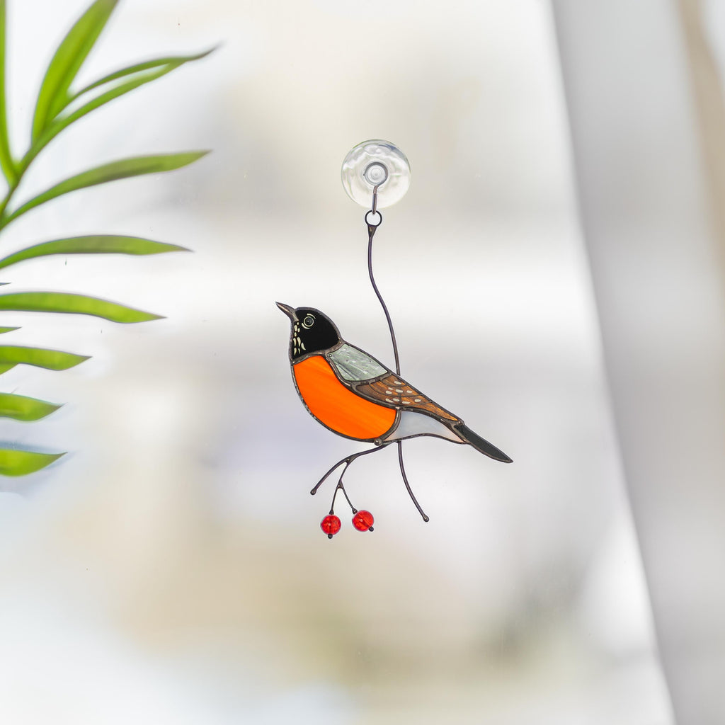 Stained glass American robin bird suncatcher Unique gift for mom Glass bird window hangings Cottage core decor