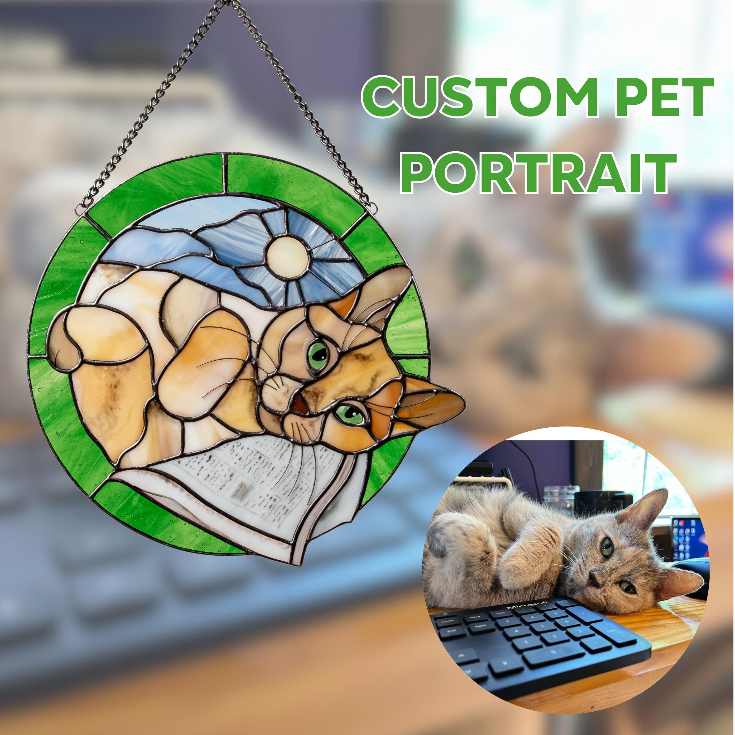 Custom stained glass pet portrait suncatcher from photo Dog or cat memorial ornament