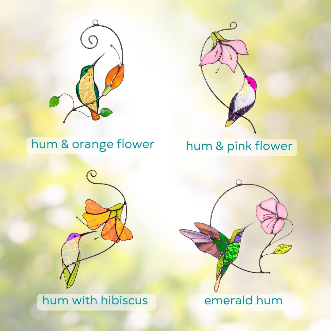 Stained glass hummingbird suncatcher Gifts for grandma Custom stained glass window hangings Hummingbird gifts Hibiscus plant
