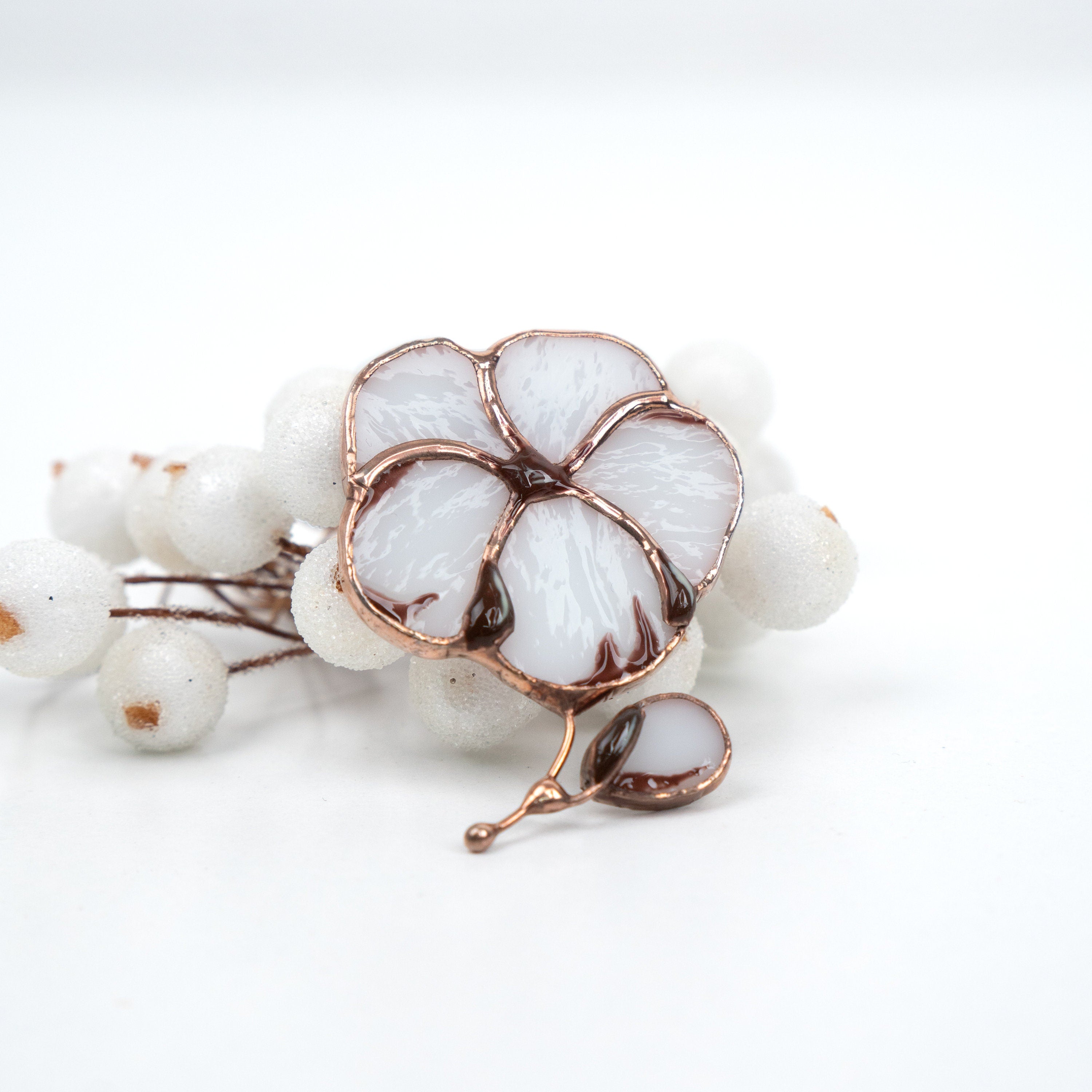 Stained glass white flower brooch Handmade nature inspired jewelry gift for mom