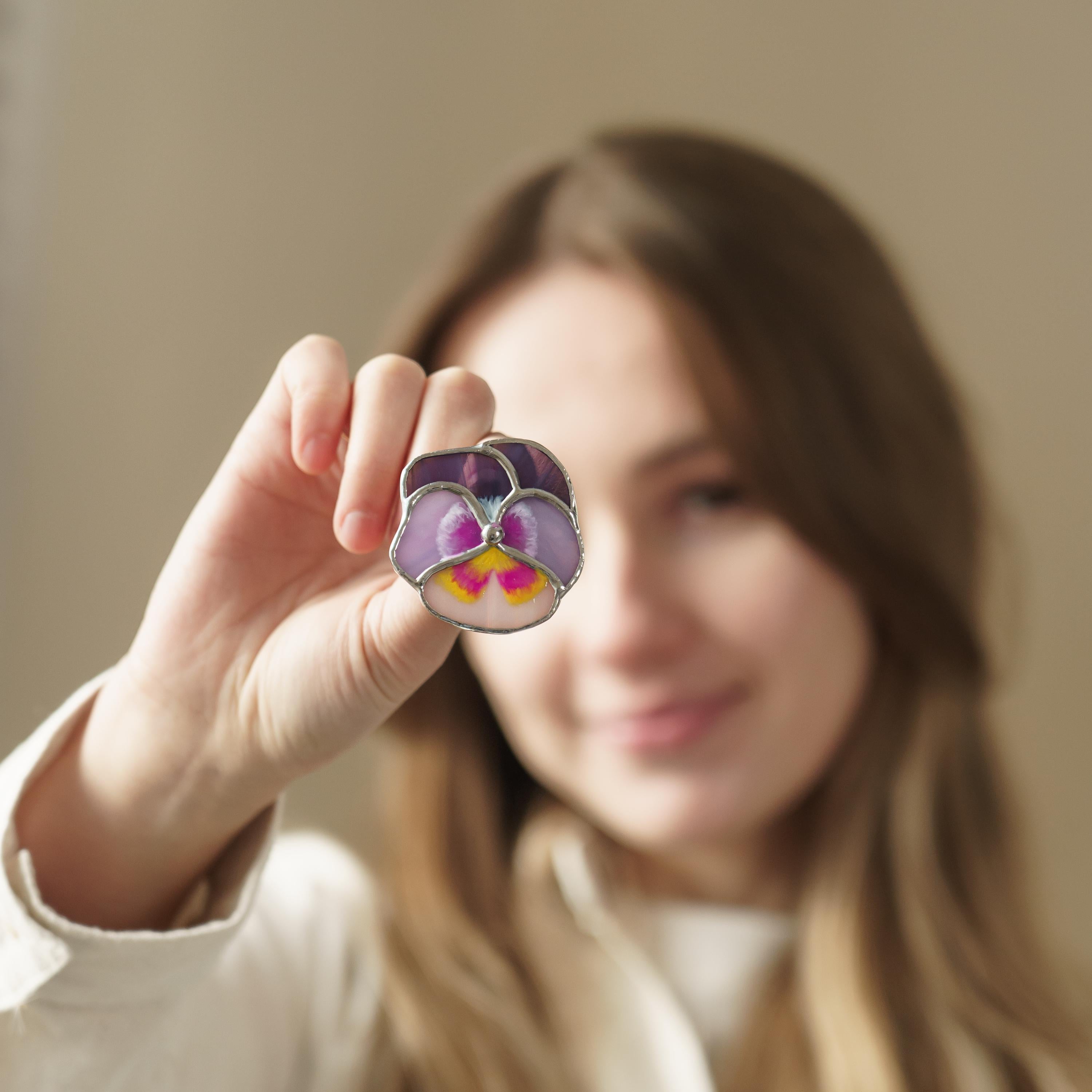 Pansy stained glass brooch Viola flower Cottagecore jewelry gift for her