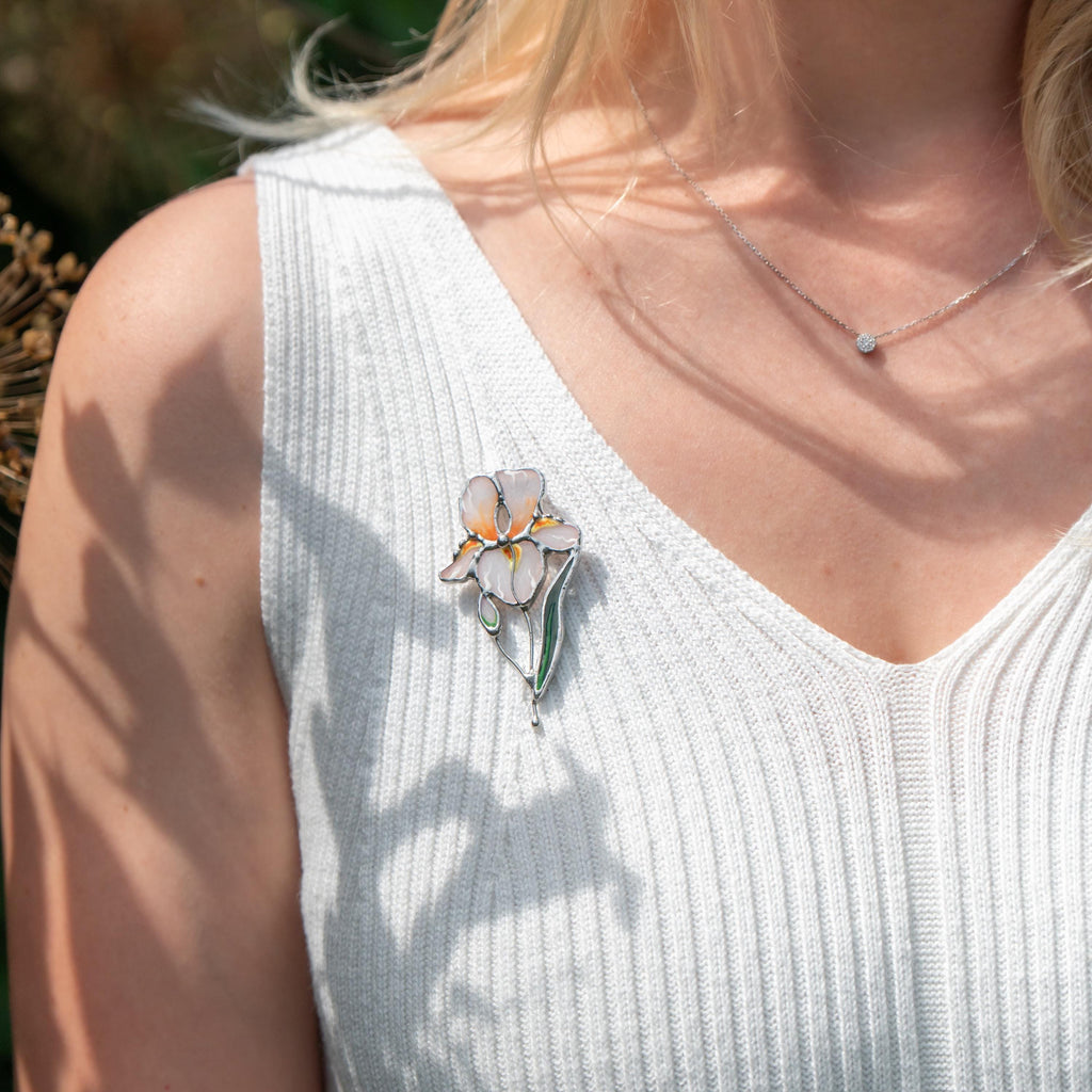 Iris stained glass brooch Godmother gift White floral jewelry