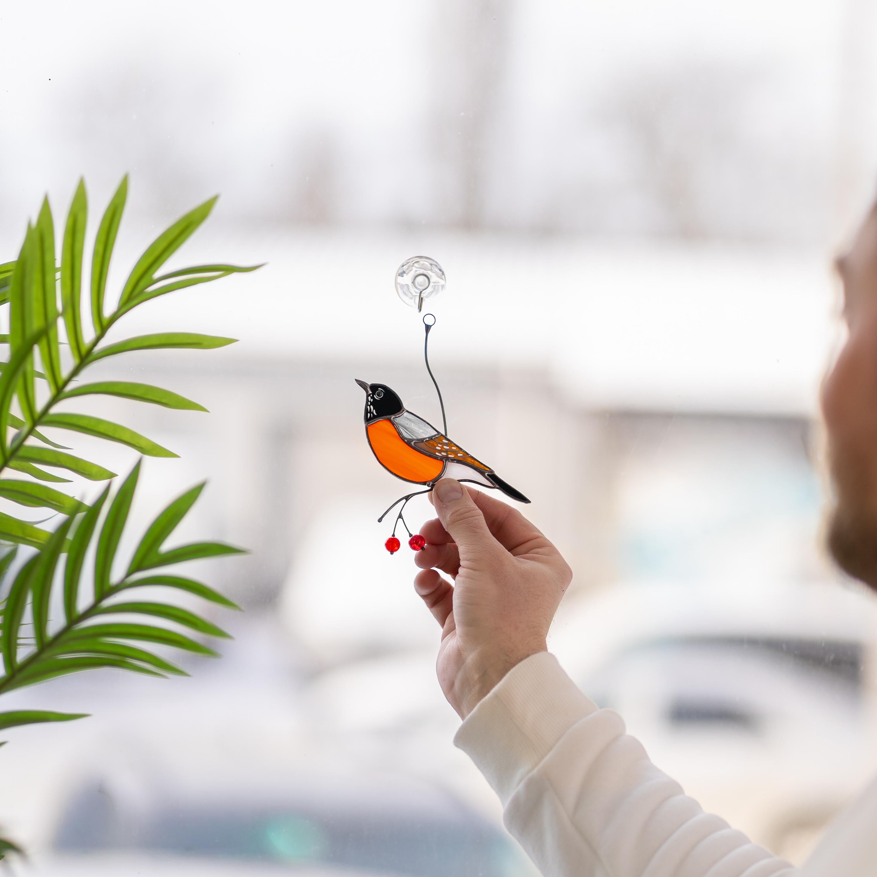 Stained glass American robin bird suncatcher Unique gift for mom Glass bird window hangings Cottage core decor