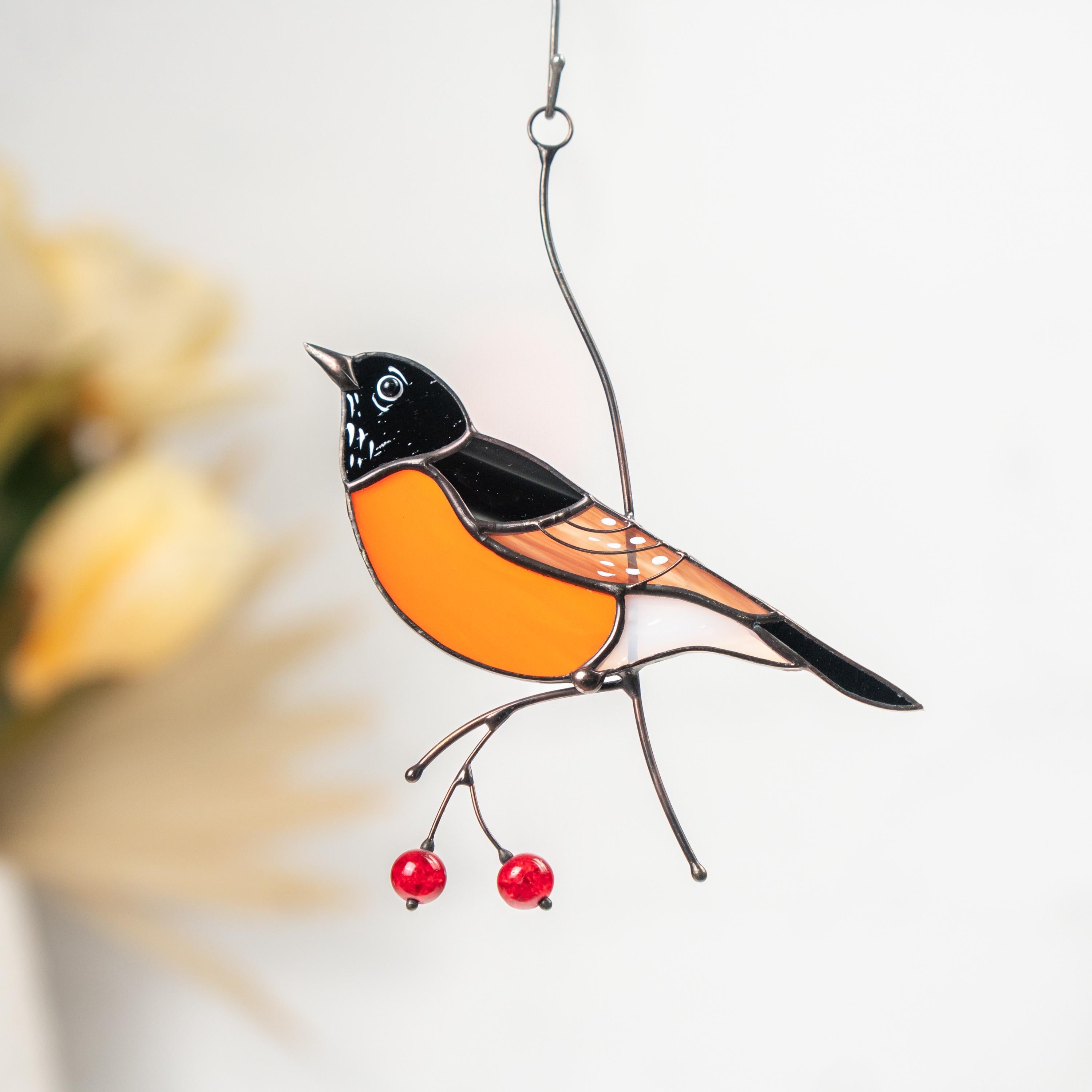 Stained glass American robin bird suncatcher Unique gift for mom Glass bird window hangings Cottage core decor