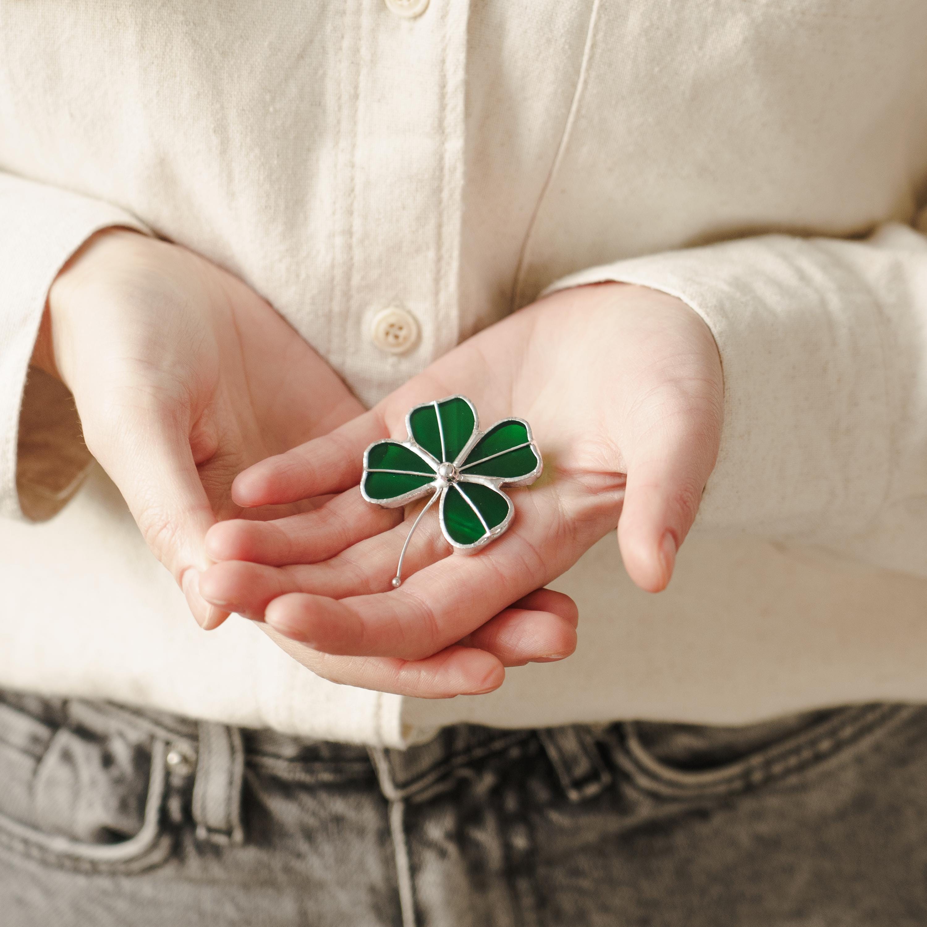 Four leaf clover stained glass brooch St Patricks Day Irish jewelry