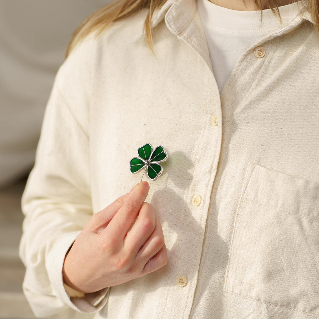 Four leaf clover stained glass brooch St Patricks Day Irish jewelry