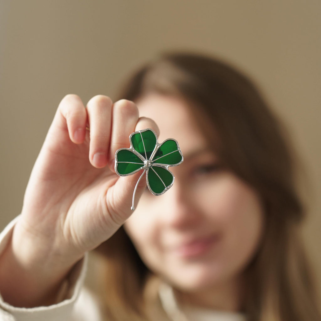 Four leaf clover stained glass brooch St Patricks Day Irish jewelry