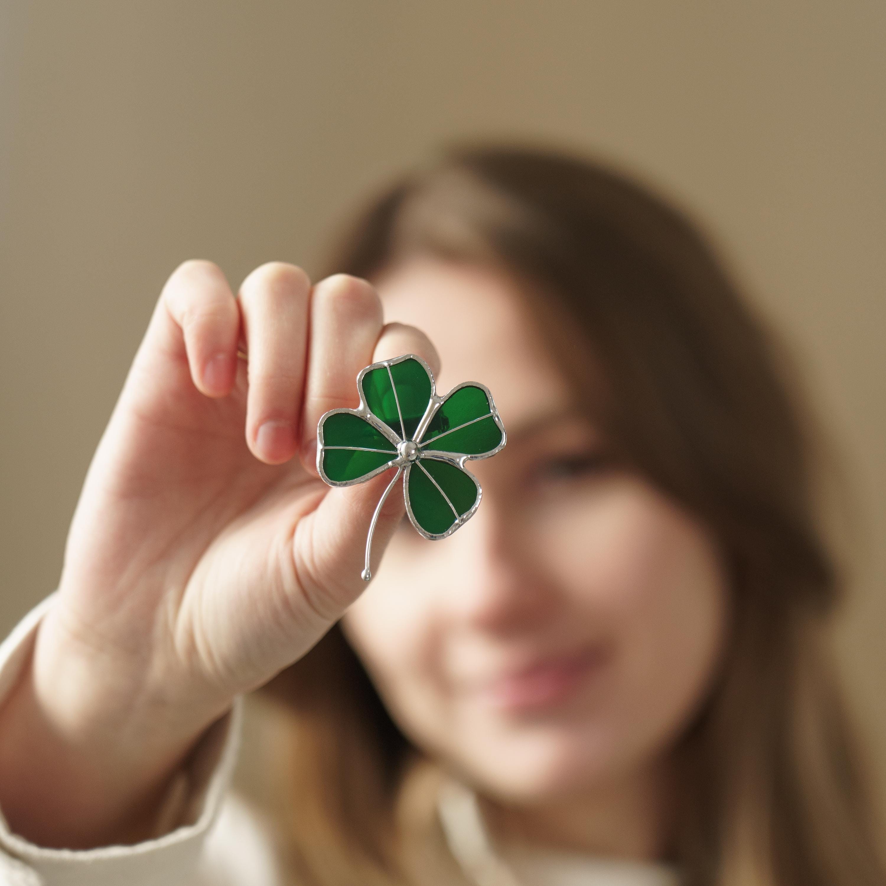 Four leaf clover stained glass brooch St Patricks Day Irish jewelry