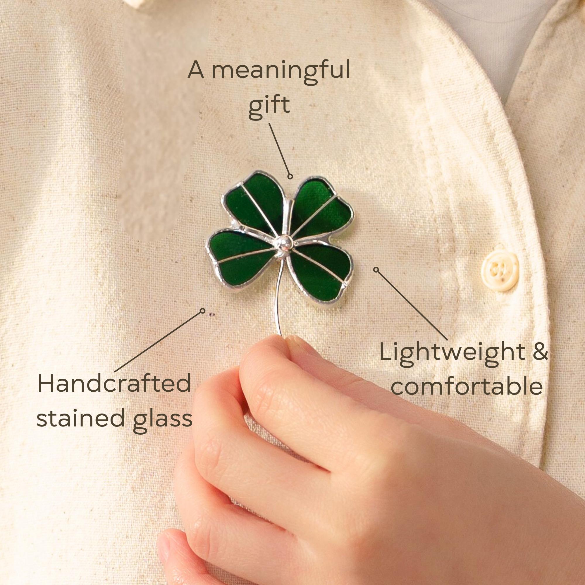 Four leaf clover stained glass brooch St Patricks Day Irish jewelry