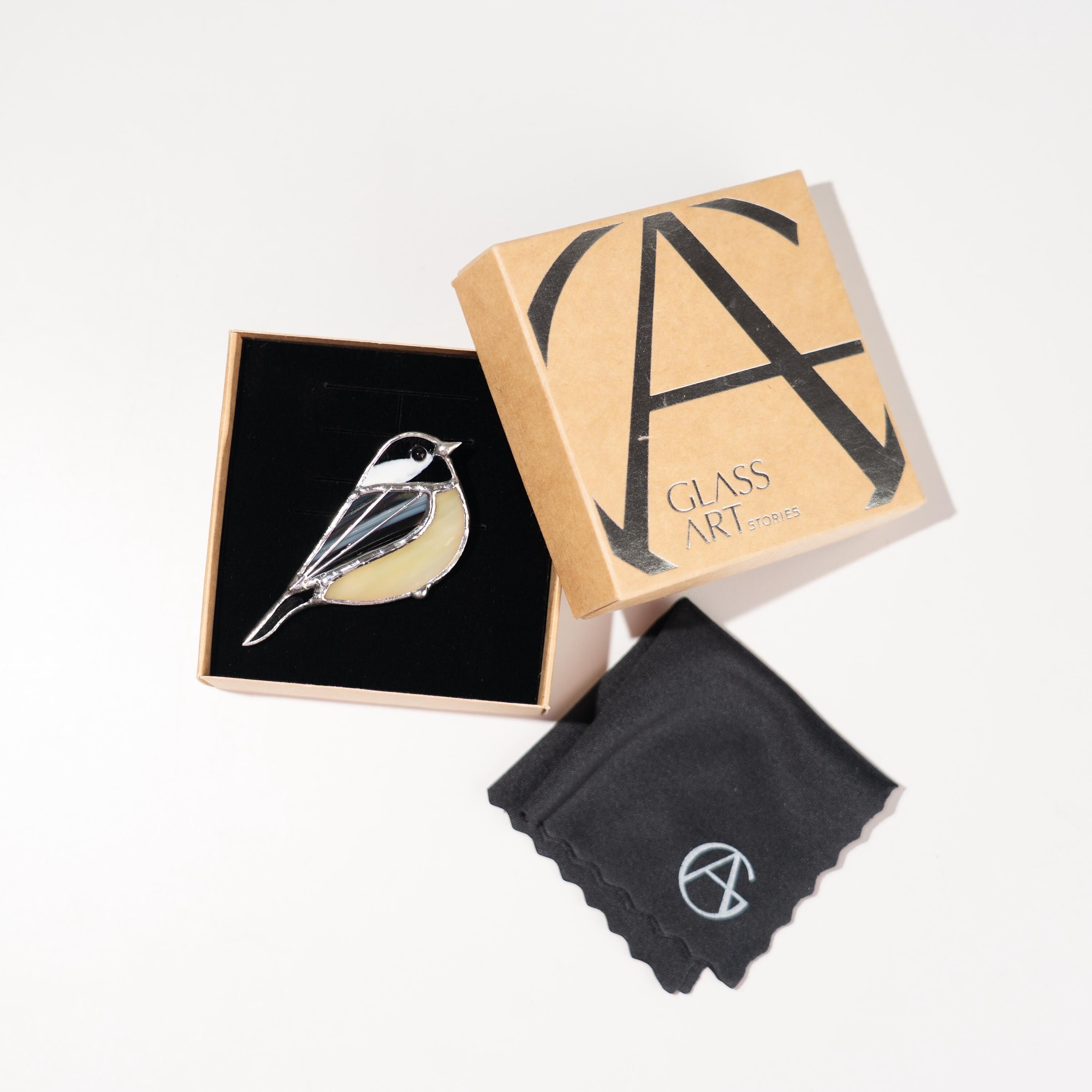 Stained glass bird brooch Unique gift for mom Chickadee bird jewelry