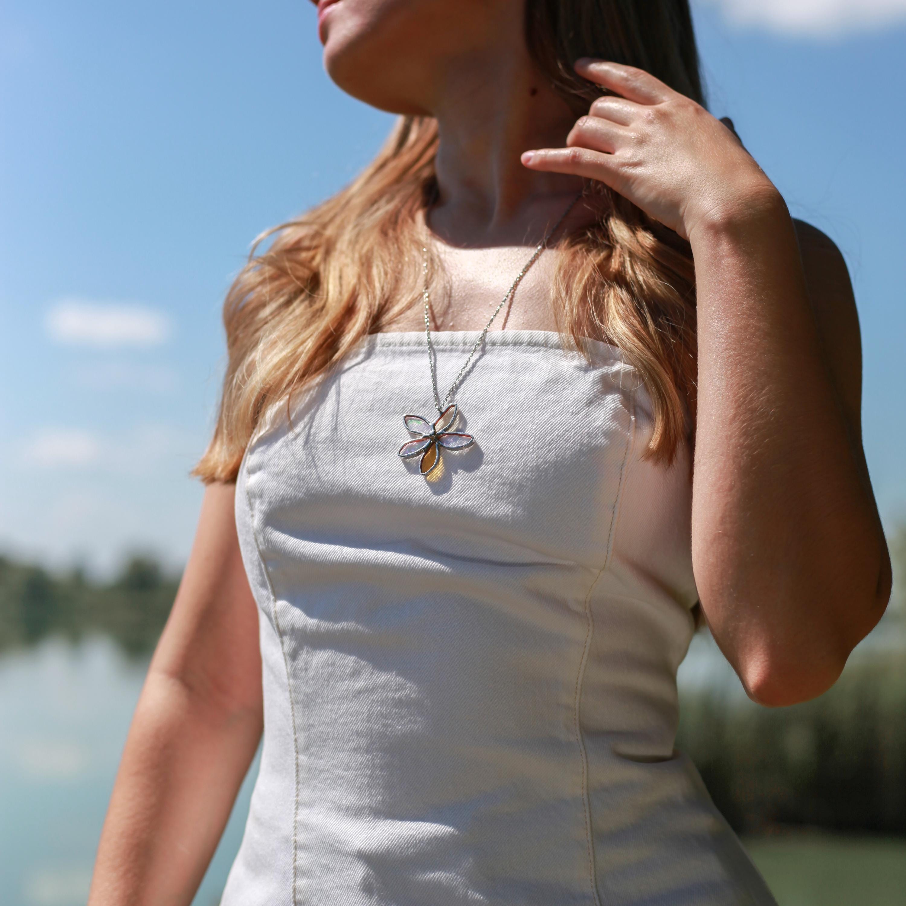 Stained glass flower necklace Godmother gift Nature inspired jewelry