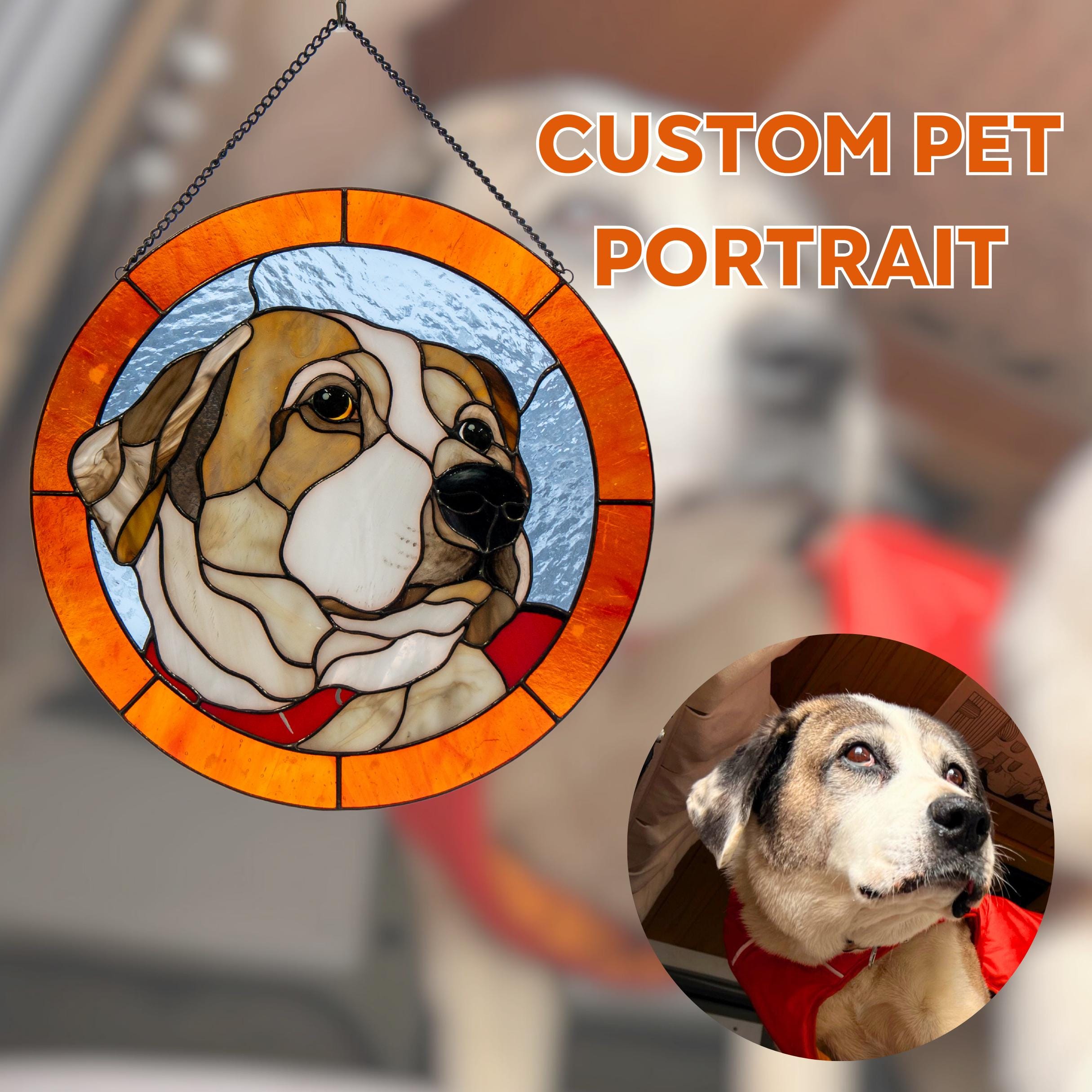 Custom stained glass pet portrait suncatcher from photo Dog or cat memorial ornament