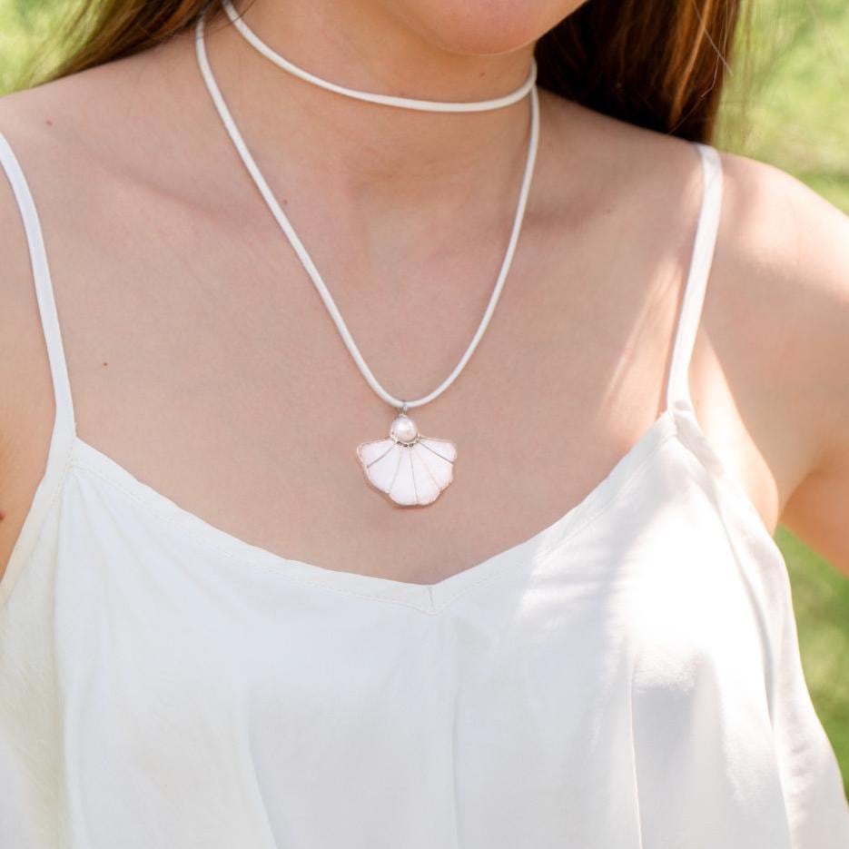 Stained glass pearl necklace Mothers Day gift Shell jewelry